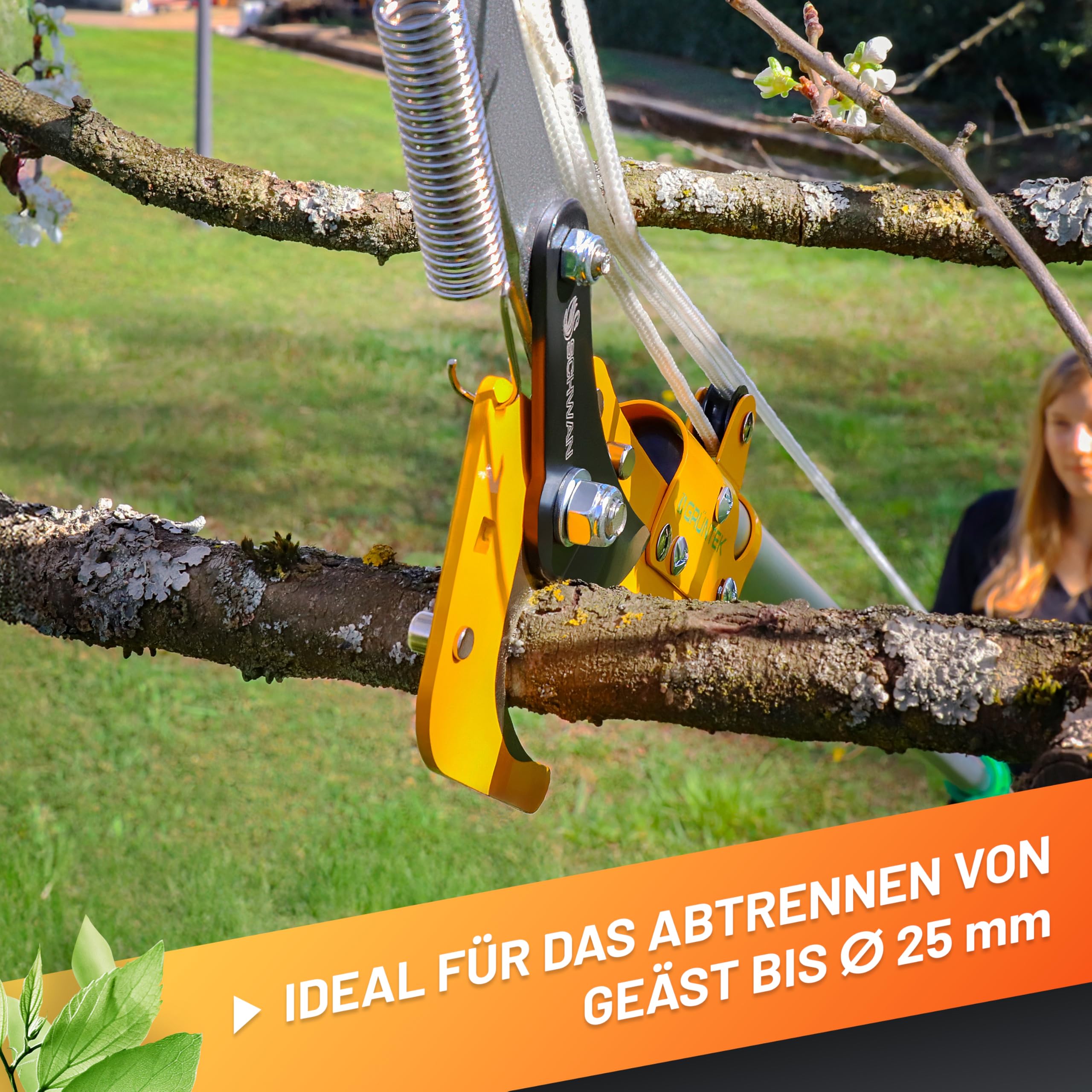 GRÜNTEK Raupenscheren Aufsatz SCHWAN, passend für Teleskopstiel WELS, Stangenschere mit hoher Hebelkraft und robustem Zugseil, Baumschere für entfernte Äste, bis 25 mm Schnittdurchmesser