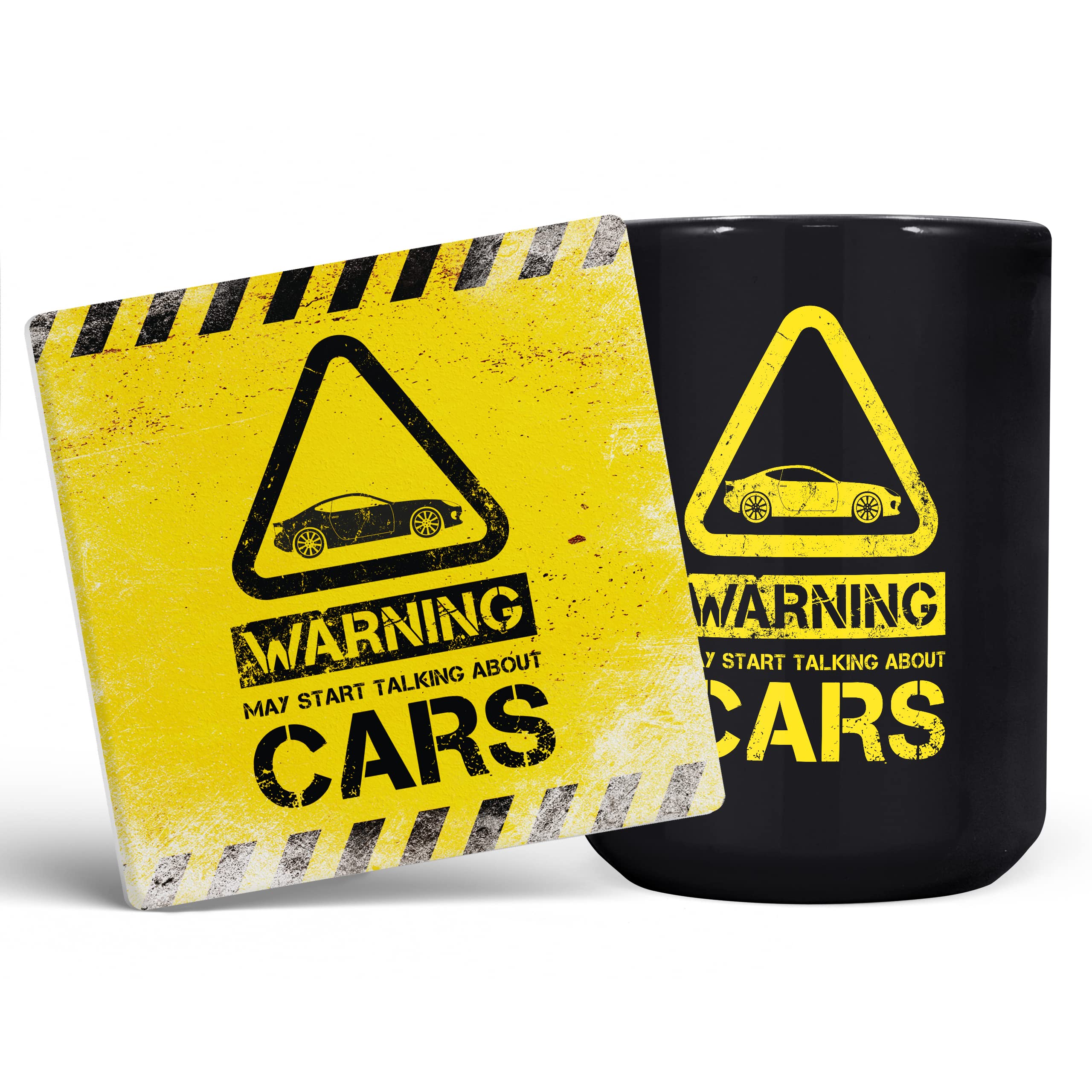 Mug Monster - Warning May Start Talking About Cars Funny Gift Mug - Ceramic Coffee Cup, Gift for Men or Women, Extra Large and Giant Available, 15oz Black & Coaster — image 1