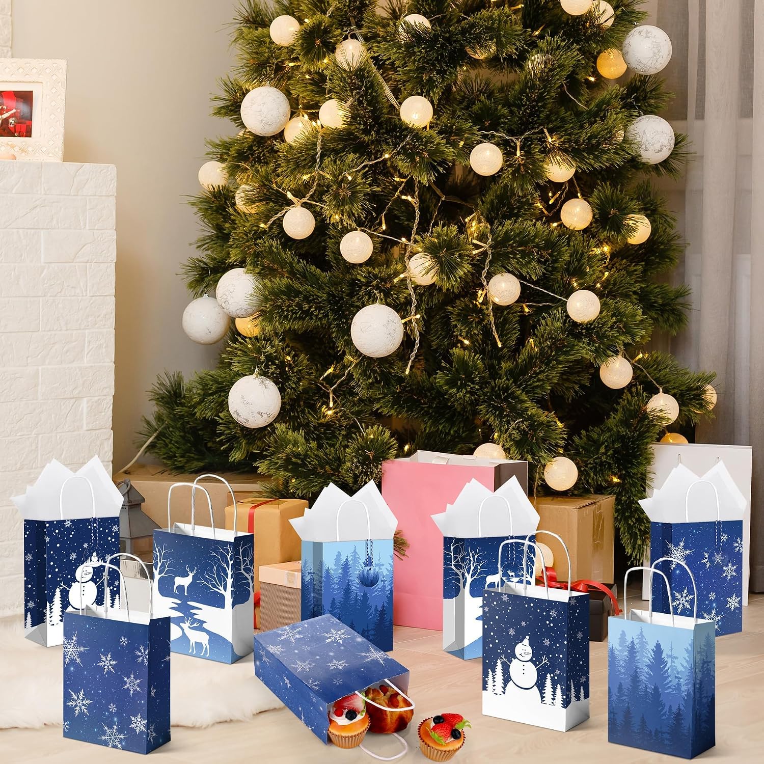 MIMIND 36 Pieces Christmas Snowflake Gift Bags Blue Winter Party Paper Bags with 40 Tissue, 36 Gift Tags and String Xmas Treat Bag with Handle for Christmas Winter Holiday Gift, 4 Design