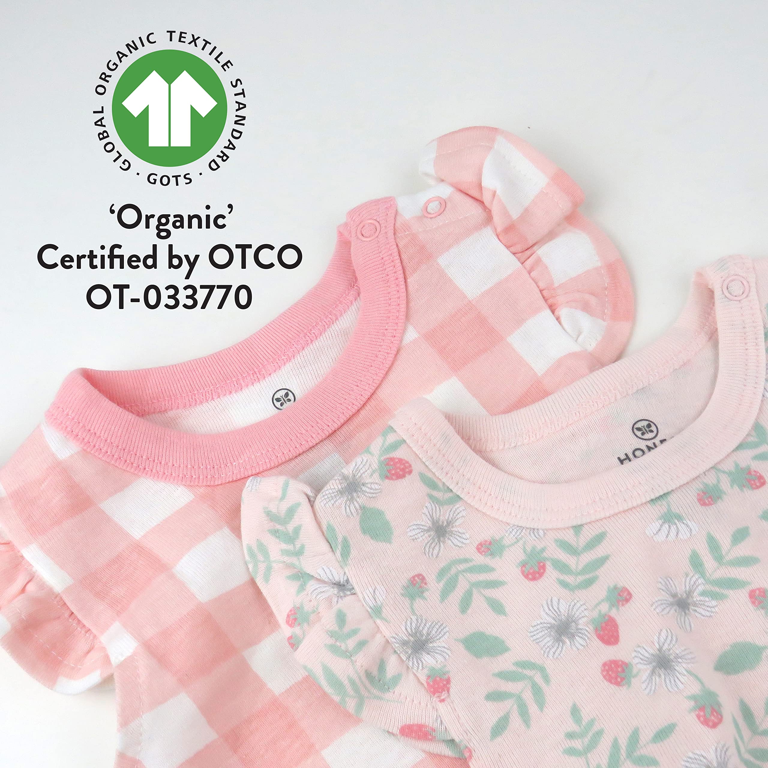 HonestBaby Multipack Short Romper Sets Dresses 100% Organic Cotton For Infant Baby and Toddler Boys, Girls, Unisex Vestido, Parche de Fresa, 0-3 Meses (Pack de 2) para Niñas