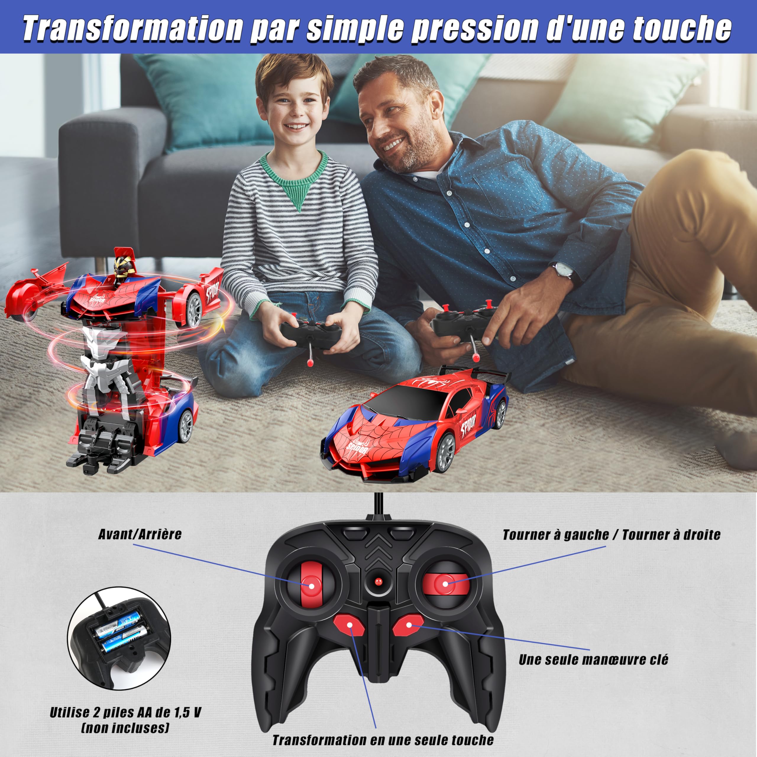 Herefun Transformateur de voiture télécommandée, jouet pour garçons et filles à partir de 8 ans, robot télécommandé, jouet RC avec câble de charge, robot transformateur 2 en 1, pour enfants cadeaux
