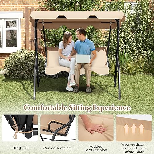 Miniatura 6 de RELAX4LIFE Silla columpio para porche para 3 personas, columpio para exteriores con toldo ajustable, cojín extraíble y soporte de marco de metal,