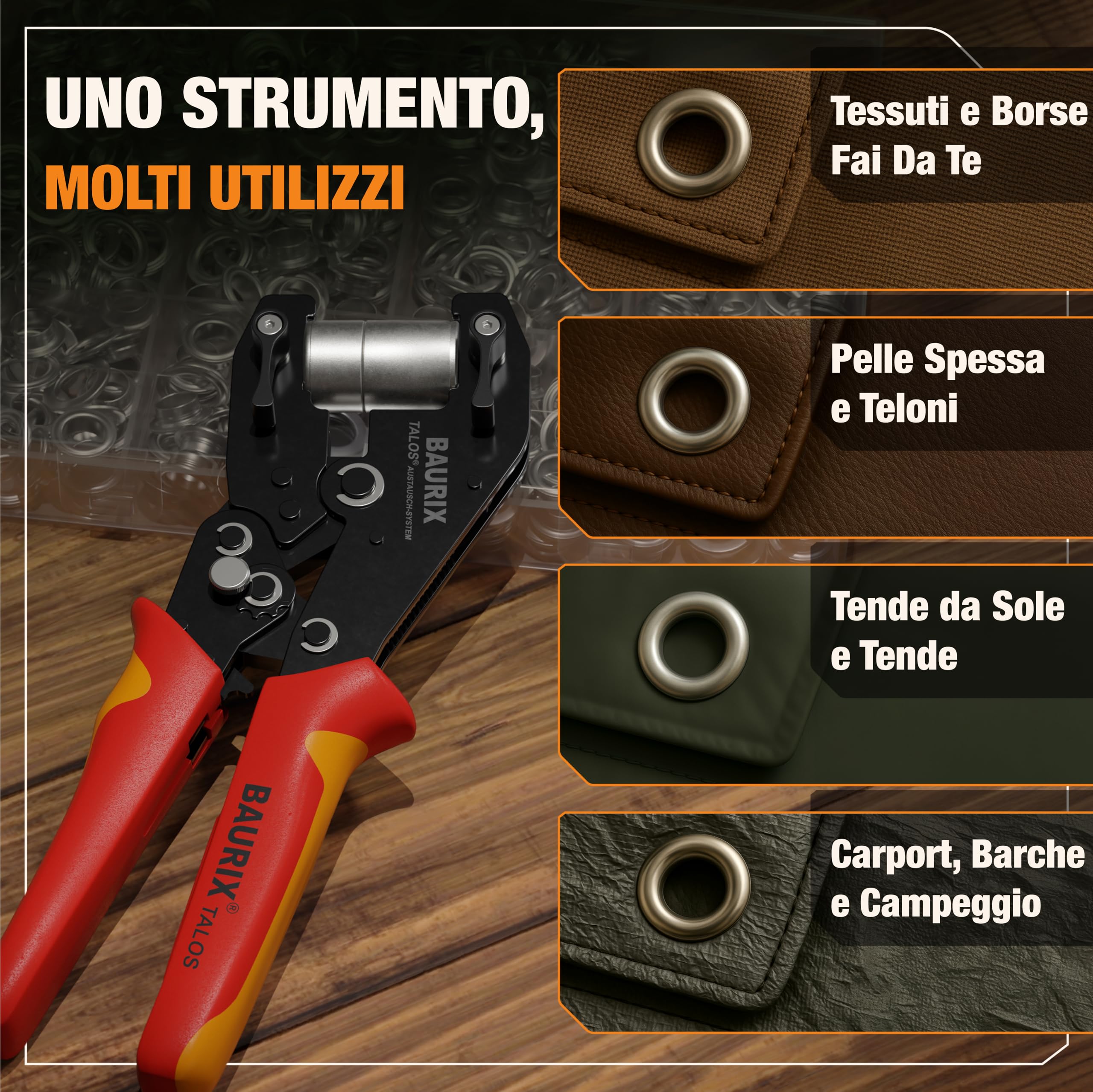 BAURIX Pinza Occhielli con 200 Occhielli Ø10 mm per Telo Stoffa Pelle Tessuti Autopunzante Senza Foro TALOS