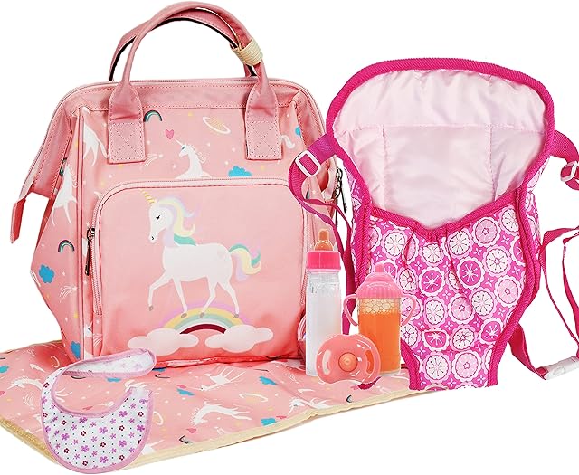 YaYiBo Baby Doll Accessories with Baby Doll Changing Bag 5 Piece Doll Accessories Include Baby Doll Carrier,Bottle, Pacifier, Bib, Perfect for Kids, Toddlers, and Girls
