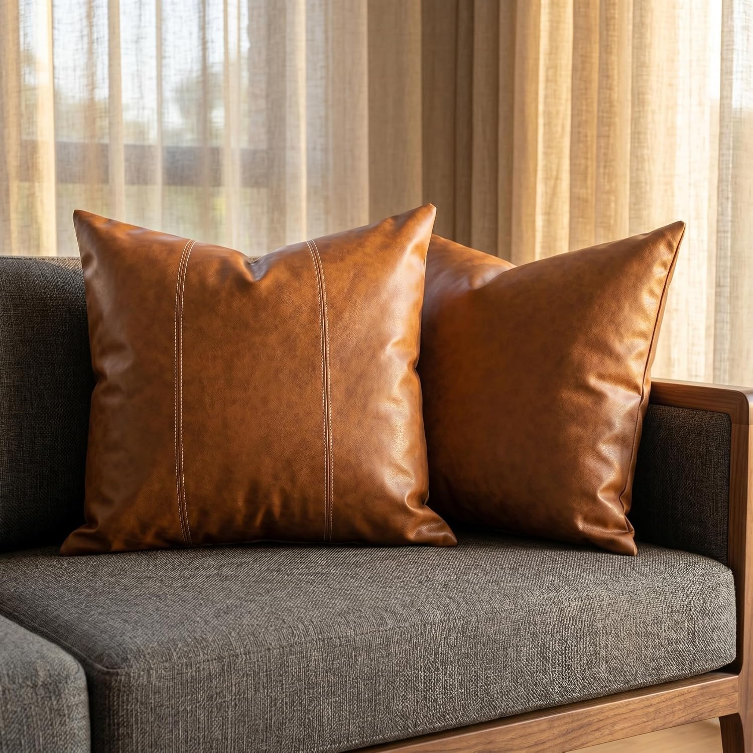 24x24 Inches Leather Pillow Covers Faux Leather Throw Pillow Covers with Contrast Stitching Modern Decorative Cushion Covers for Couch Sofa Living Room,Brown