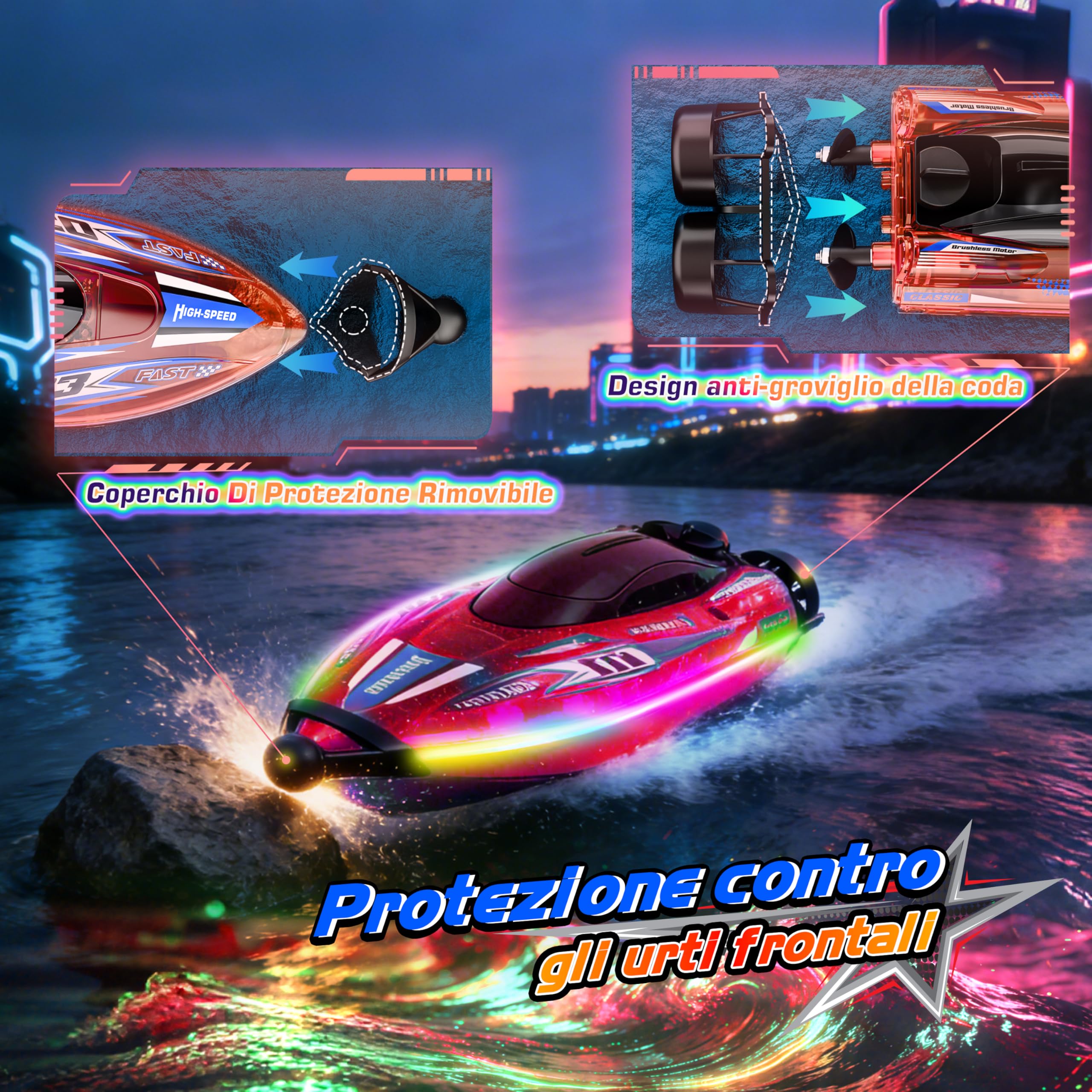 FORMIZON Barca RC 25 km/h, Barca Telecomandata 2,4GHz con Luce LED per Piscine e Laghi, Motoscafo Radiocomandato con Anti-Ingroppo Posteriore, Barche da Corsa Speedboot per Bambini e Adulti (Rosso)