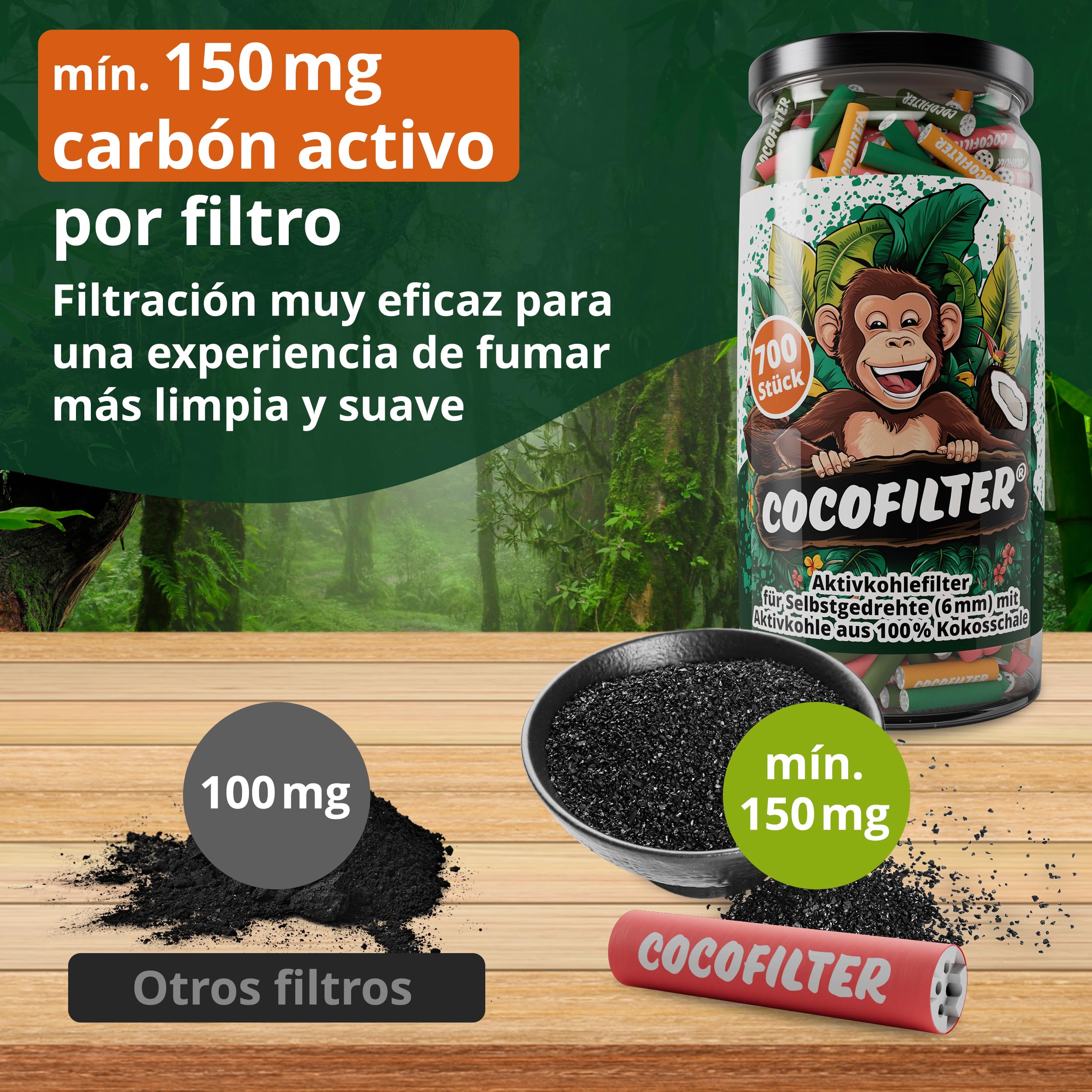 Filtros de carbón activado 6mm de cáscara de coco [700 uds.] | Puntas de filtro slim naturales con extremos de cerámica para cigarrillos liados a mano, 27mm cada una, en tarro de vidrio