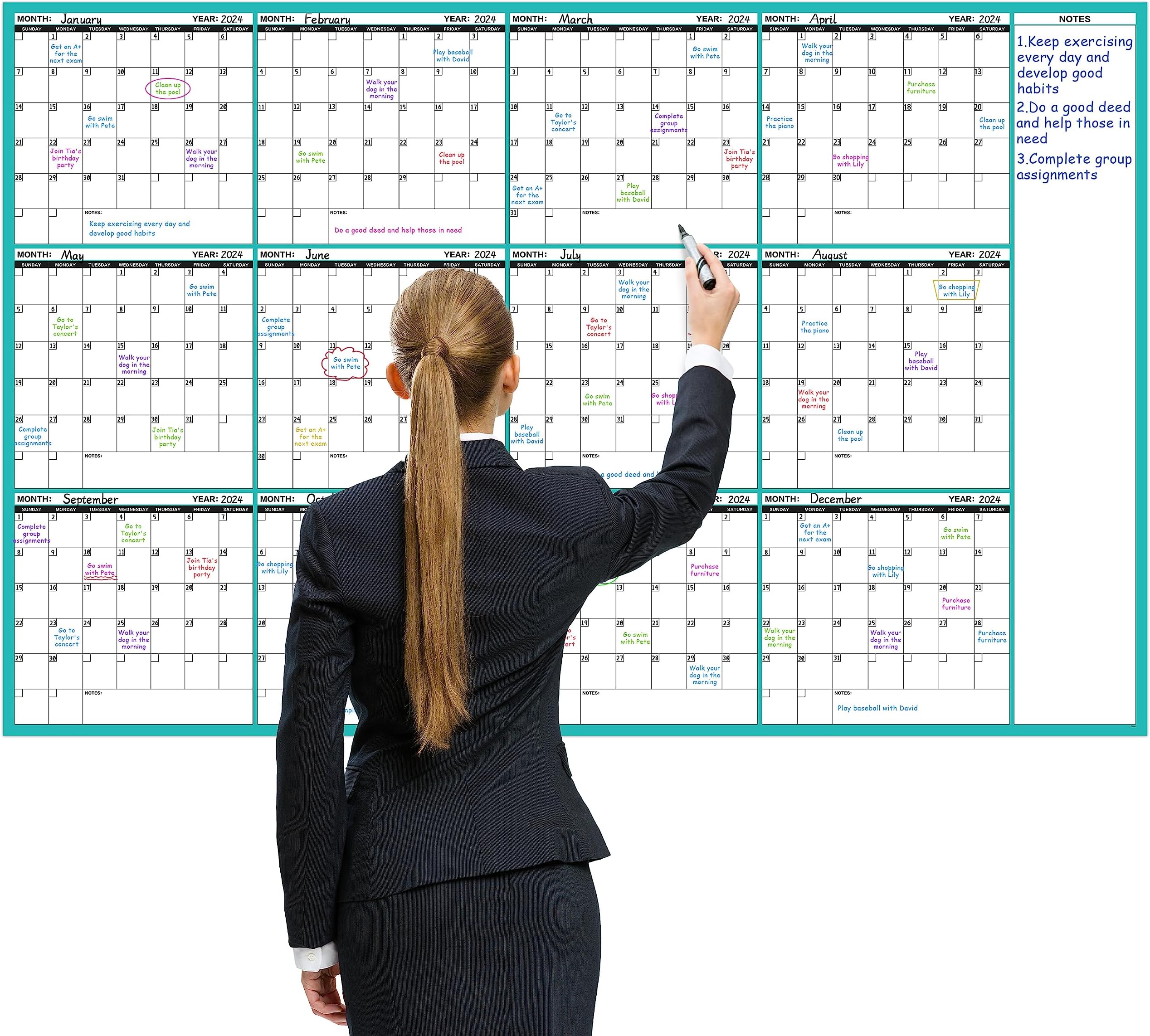 Large Dry Erase Calendar for Wall - Undated 12 Month Wall Calendar, 37”×58", Yearly Wall Calendar Dry Erase, Erasable & Reusable Calendar with 15 Round Stickers, Green Large Wall Calendar Dry Erase