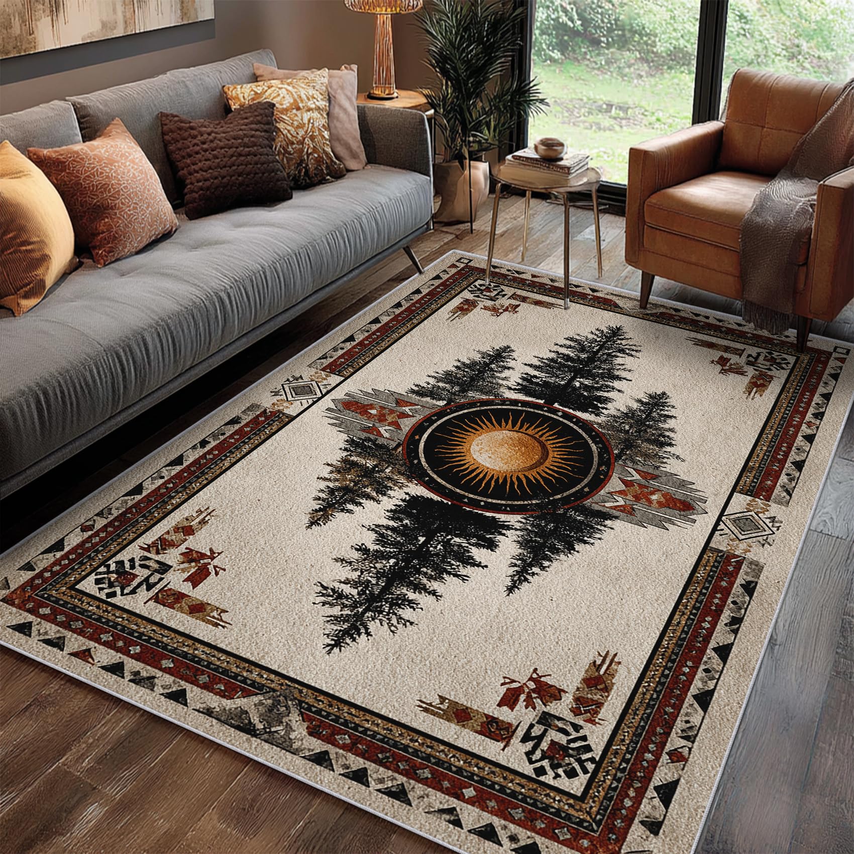 Rustikal Teppich 100 x 150 cm Wohnzimmer Mit Landhausstil Western Indianer Muster, Rustikal Bettvorleger Schlafzimmer Deko, Waschbar Teppiche Gegend Kurzflor rutschfest