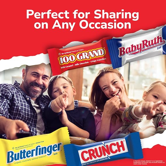 Butterfinger, Crunch, Baby Ruth, and 100 Grand, Assorted Fun Size Chocolate-y Treats, 55 Count Party Pack, 33.6 oz