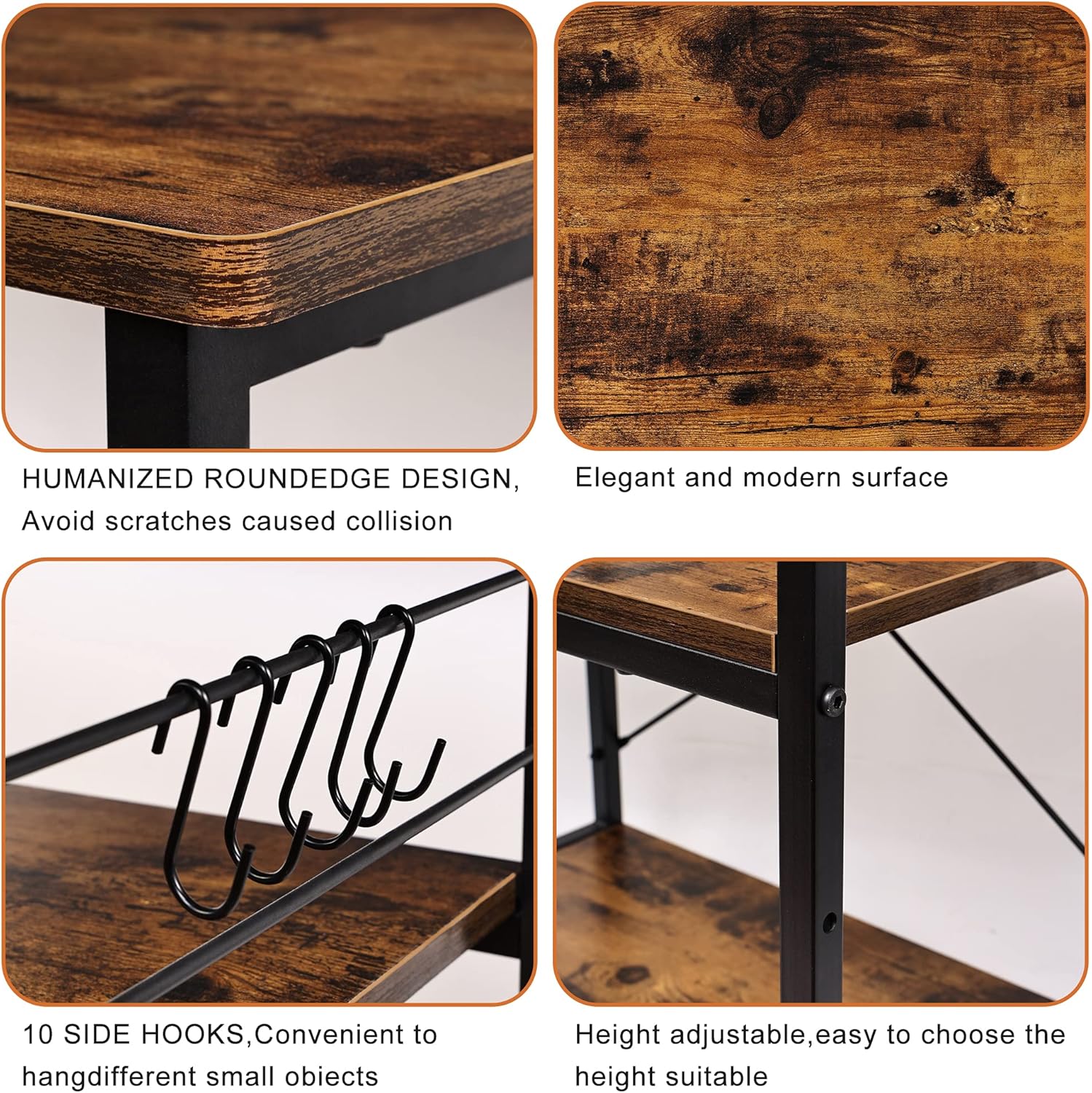 AHB 24" Kitchen Cart with 4 Smooth Wheels and 10 Hooks, 3-Tier Microwave Stand Rolling Bakers Rack Coffee Cart Shelf Organizer for Living Room Decoration