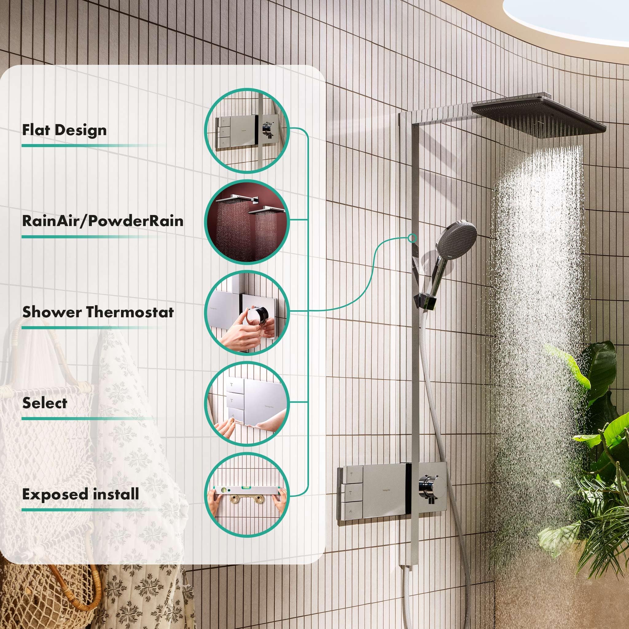 hansgrohe Raindance Alive Q - Duschsystem mit Thermostat, Regendusche (340 x 210 mm) mit Armatur, Handbrause, Schlauch, Brausestange und Kopfbrause (2 Strahlarten), Chrom, 24590000