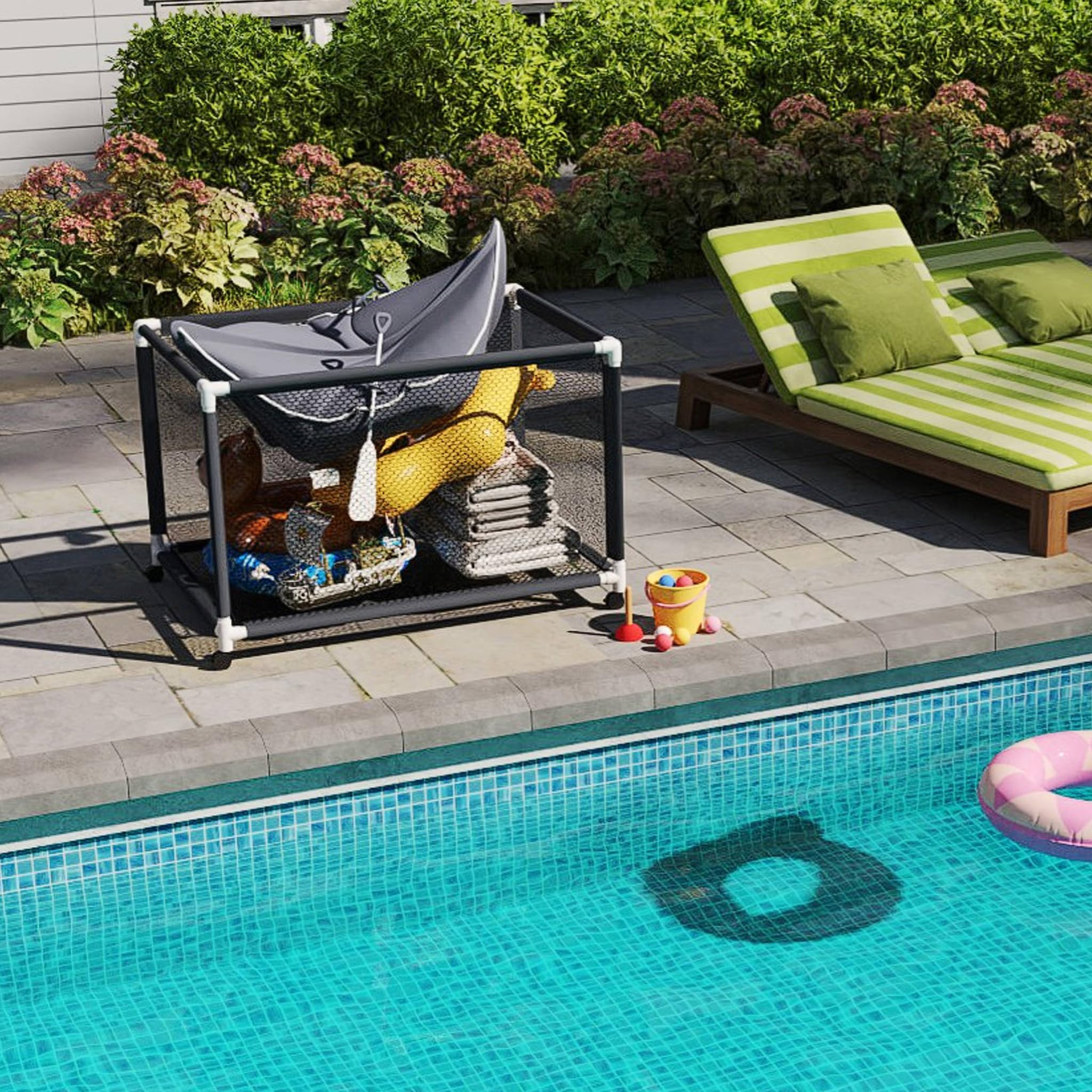 Pool Aufbewahrungsbox mit Rollen, UV-beständiger Pool Aufbewahrungswagen, demontierbarer Organizer für Schwimmausrüstung, Spielzeug, Schwimmringe & Handtücher, einfache Montage, 230x79x88cm
