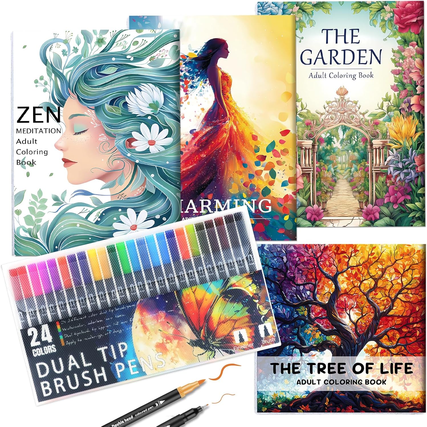 Adult Coloring Book for Women Relaxation, Mindfulness Coloring Book with 24 Dual Tip Markers, Stress Relief Gifts for Women with 128 Patterns Include Tree Garden Zen Meditation Style (4 Pack)