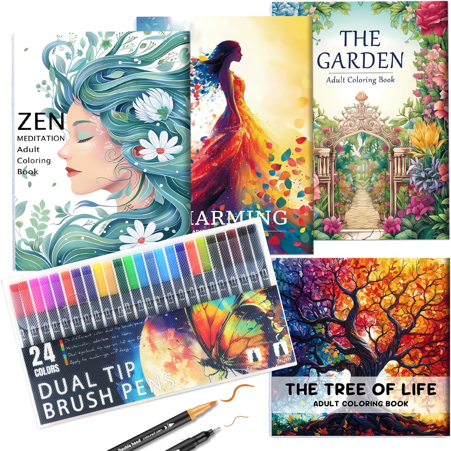 Adult Coloring Book for Women Relaxation, Mindfulness Coloring Book with 24 Dual Tip Markers, Stress Relief Gifts for Women with 128 Patterns Include Tree Garden Zen Meditation Style (4 Pack)