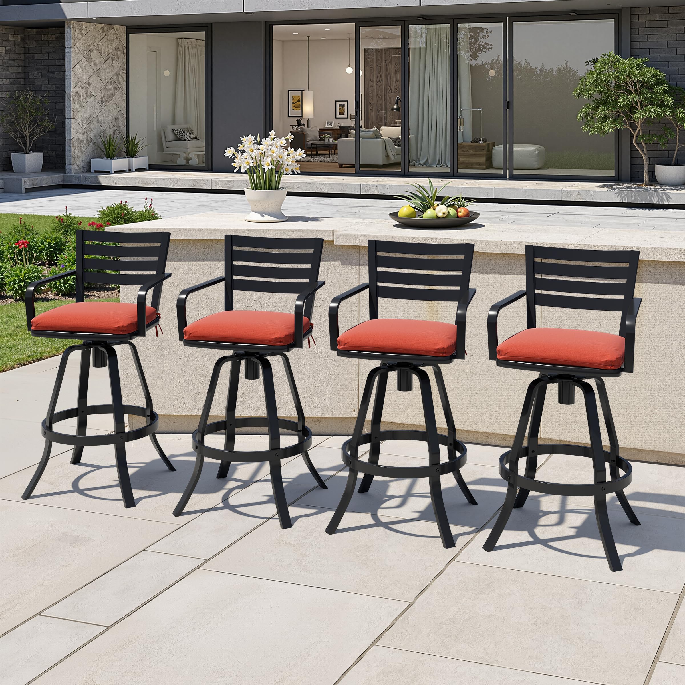 Crestlive Products Heavy Duty Cast Aluminum Outdoor Swivel Bar Stools with Sunbrella Cushion, Patio Bar Height Chair Set of 4, All Weather Black