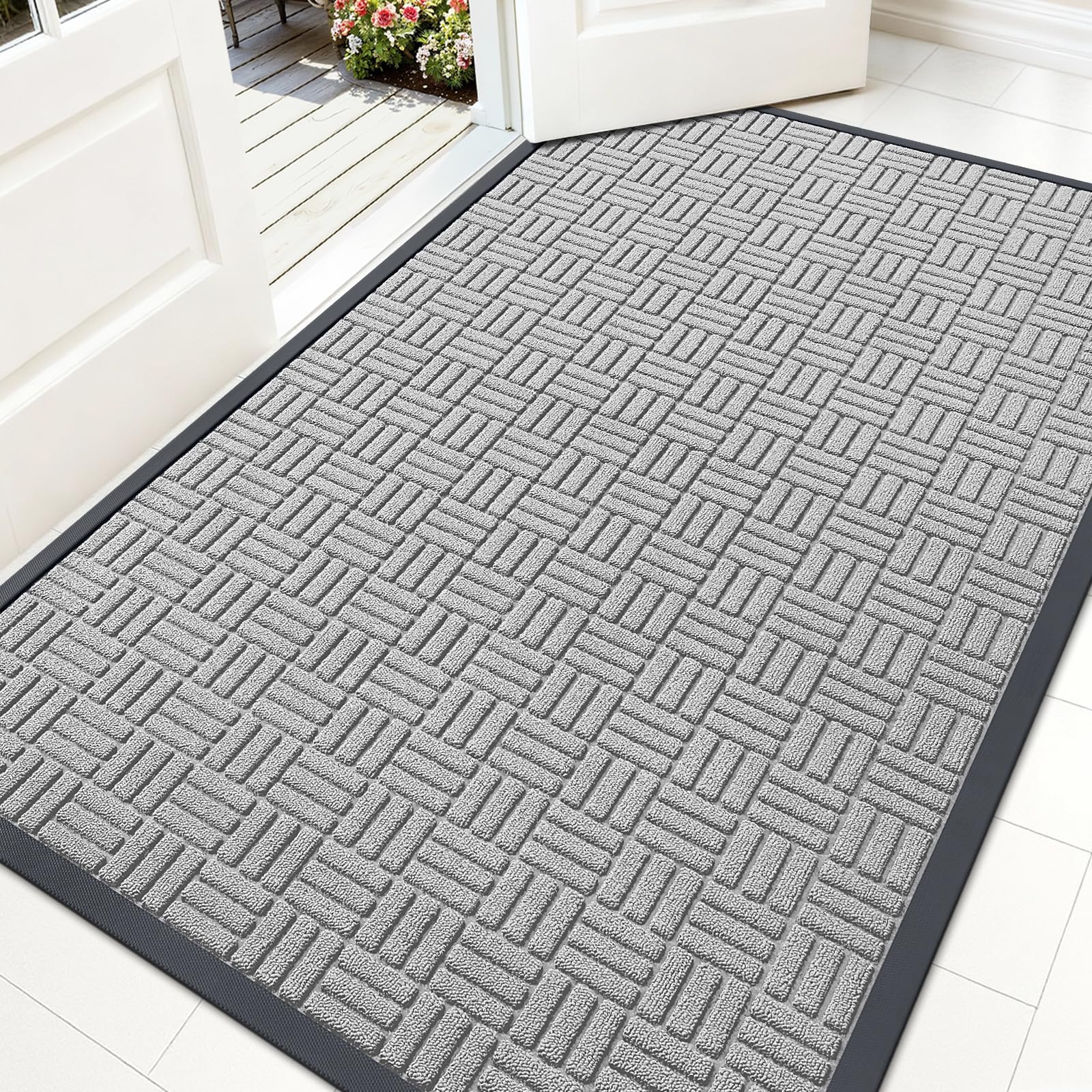 OLANLY Front Door Mat Outside Entrance 59x34, Heavy-Duty Rubber Doormat | Light Gray, Stain and Fade Resistant, Non-Slip Backing, Low-Profile Indoor Outdoor Floor Mat for Entryway, Easy to Clean