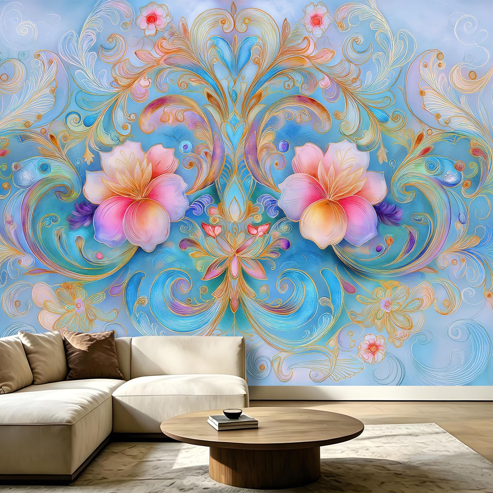 WTD - Papel pintado fotográfico (300 x 210 cm), diseño de flores, color azul claro