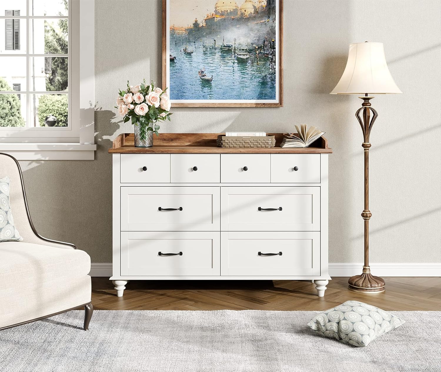 WAMPAT 3 Piece Dresser and Nightstand Sets for Bedroom,Mid-Century Modern Dresser with 6 Drawers,2 End Table with Charging Station, White