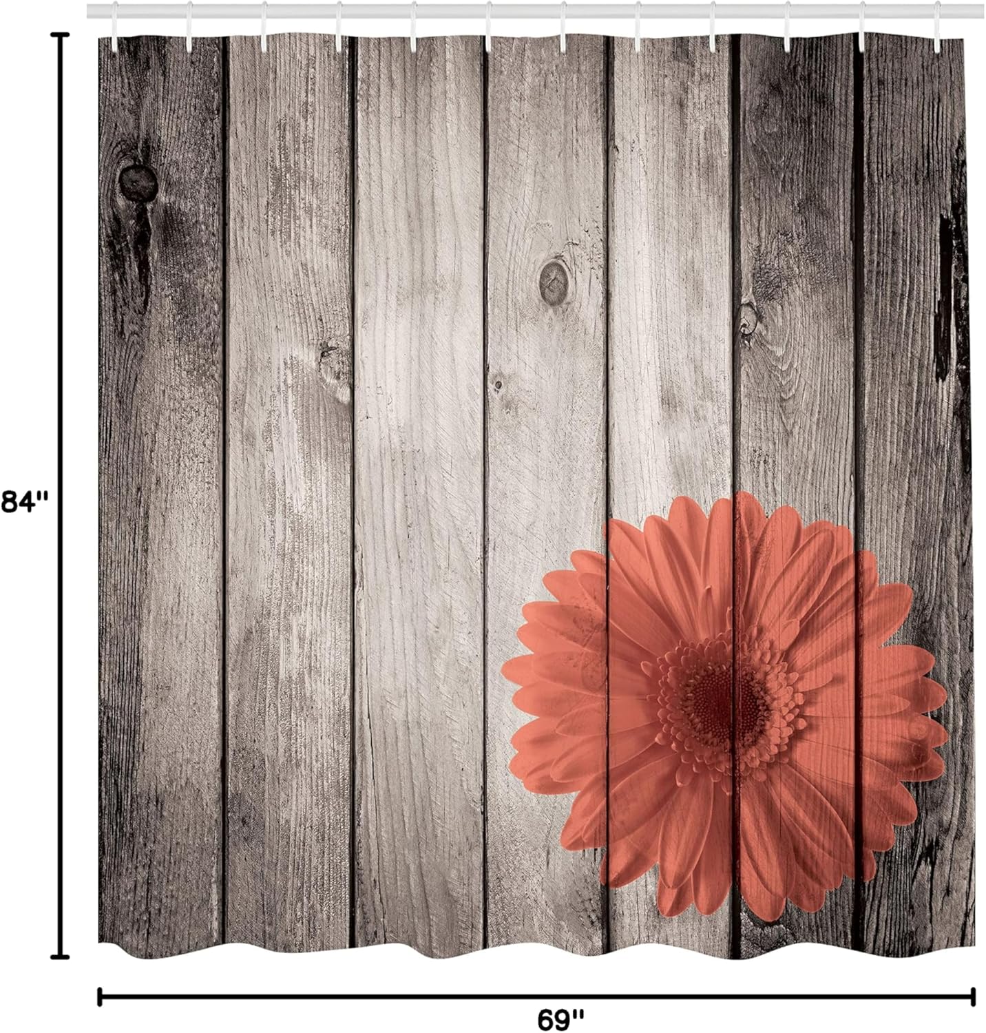 Ambesonne Rustic Shower Curtain, Flower Red Dahlia on Foreground of Murky Featured Dated Wooden Board Retro Art Print, Cloth Fabric Bathroom Decor Set with Hooks, 69" W x 84" L, Salmon