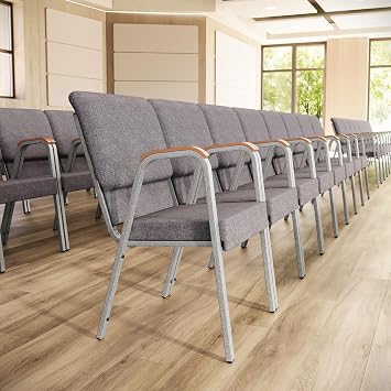 BizChair HERCULES Series Church Chair - Gray Fabric - Stackable - 21"W - Wood Accented Arms - Silver Vein Frame