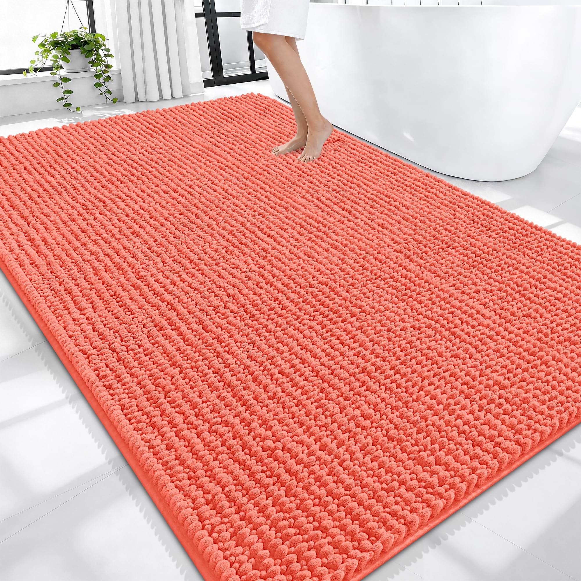 OLANLY Thick Chenille Large Bathroom Rugs 70x46, Absorbent Bath Mat, Coral