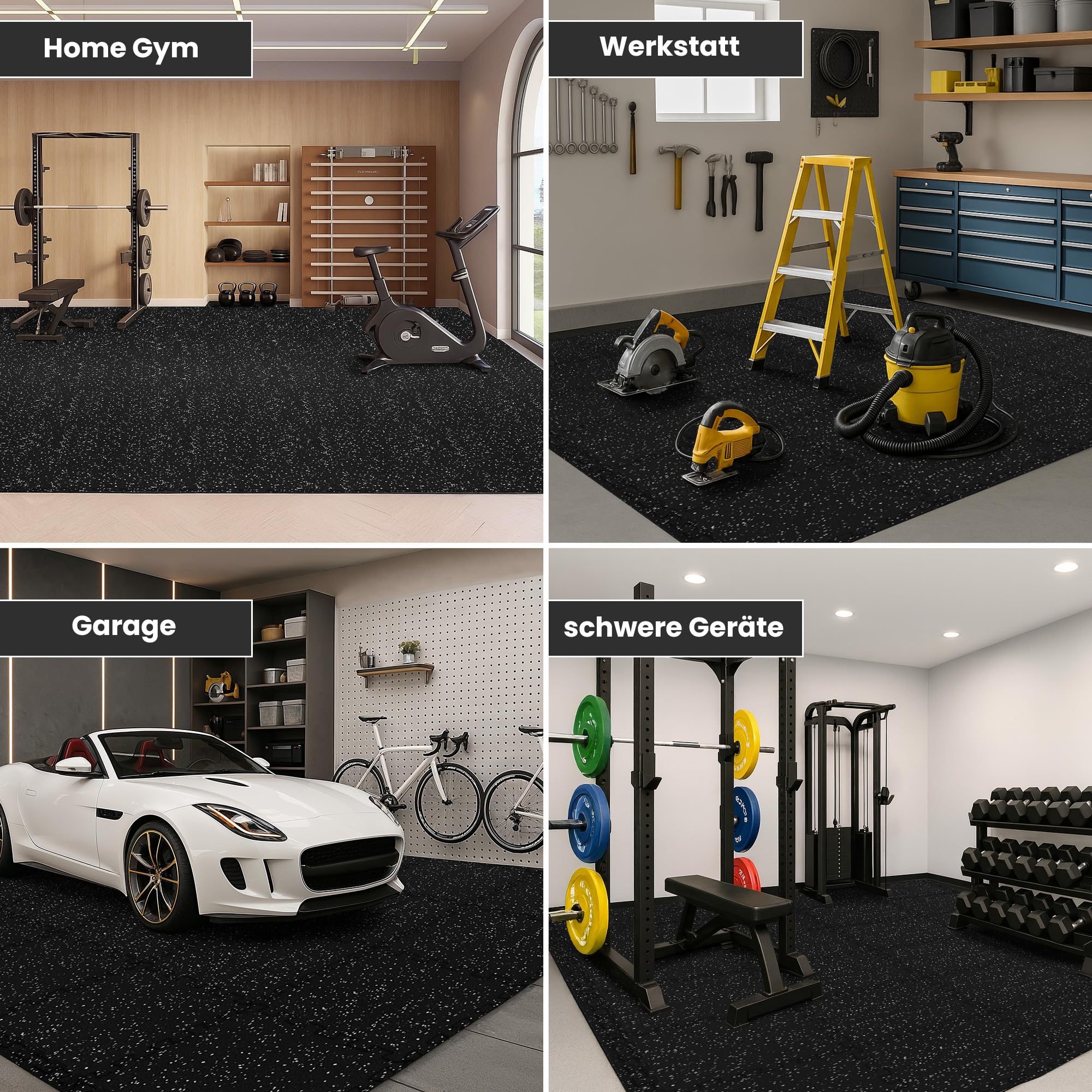 bemaxx Bodenschutzmatte Fitness – 18 Eva/Gummi-Matten im Set: Gym Fitnessgeräte Sportmatte Puzzlematte Laufbandmatte Fitnessmatte Unterlegmatte Sportgeräte Trainingsmatte Bodenmatte Gymnastikmatte