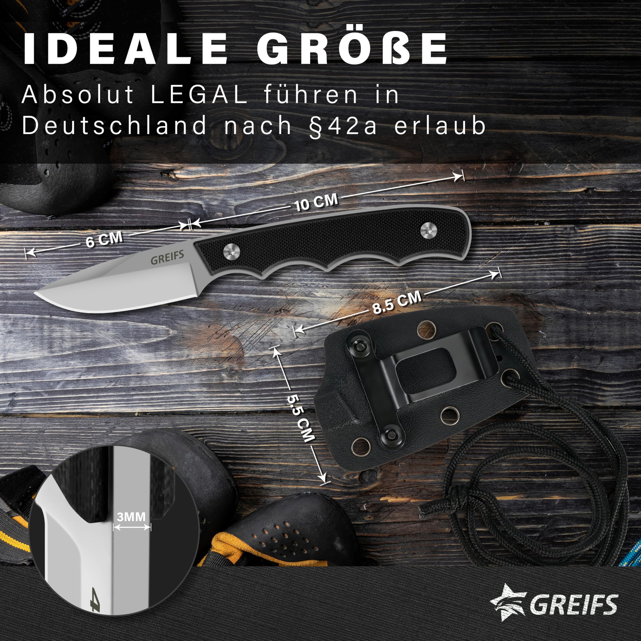 GREIFS® Neck Knife Messer NEXUS mit Kydex Scheide, Clip+Paracord zum Umhängen oder Einstecken, Tactical Survival EDC Outdoor Messer versteckt Tragen - Legal in Deutschland - 42a konform (Silver-Black)