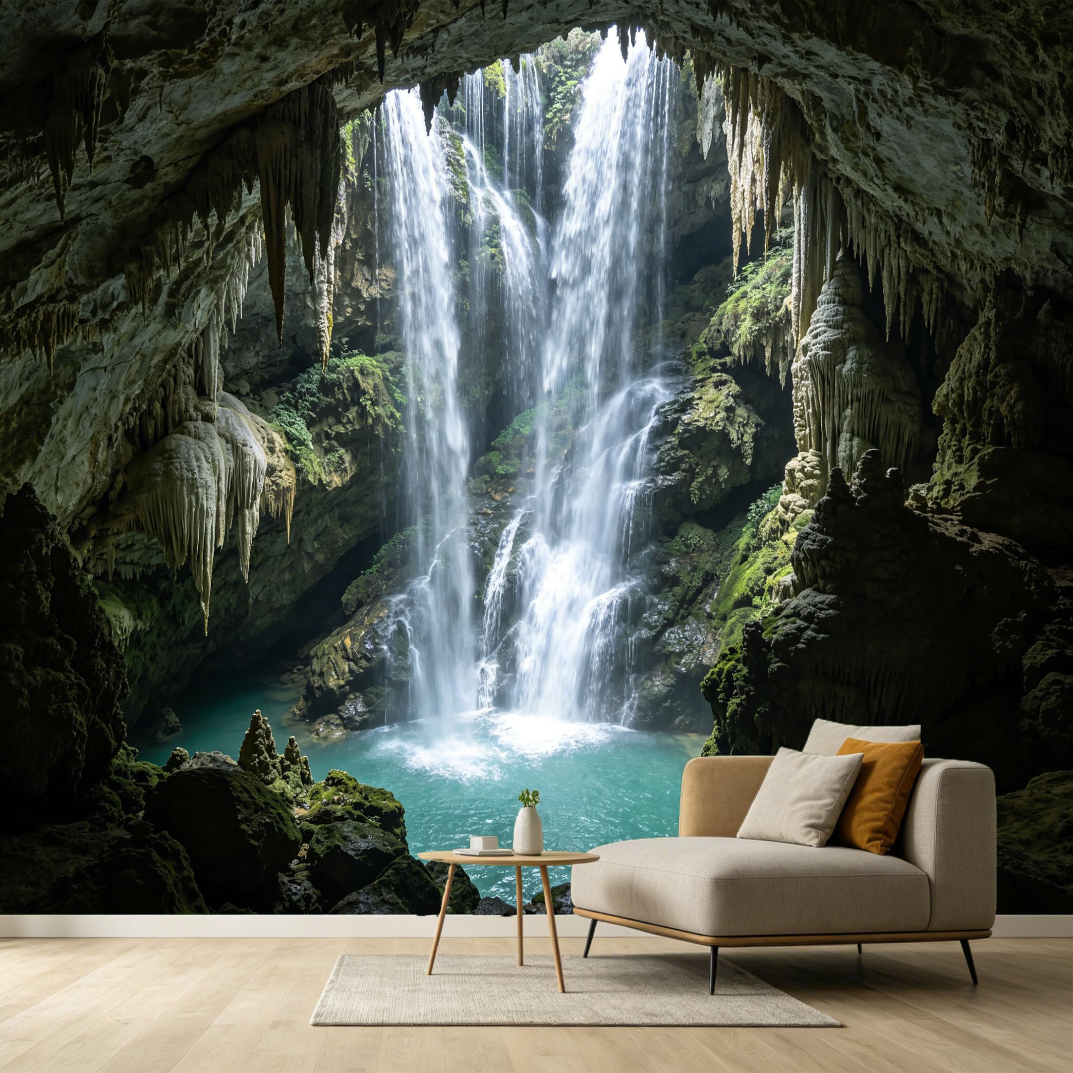 Custom Size Wall Murals Waterfall Cave Landscape 3D Trompe L'Oeil Stalactite Stone SelfAdhesive Wall Fabric Removable Large Wallpaper for Photo Living Room