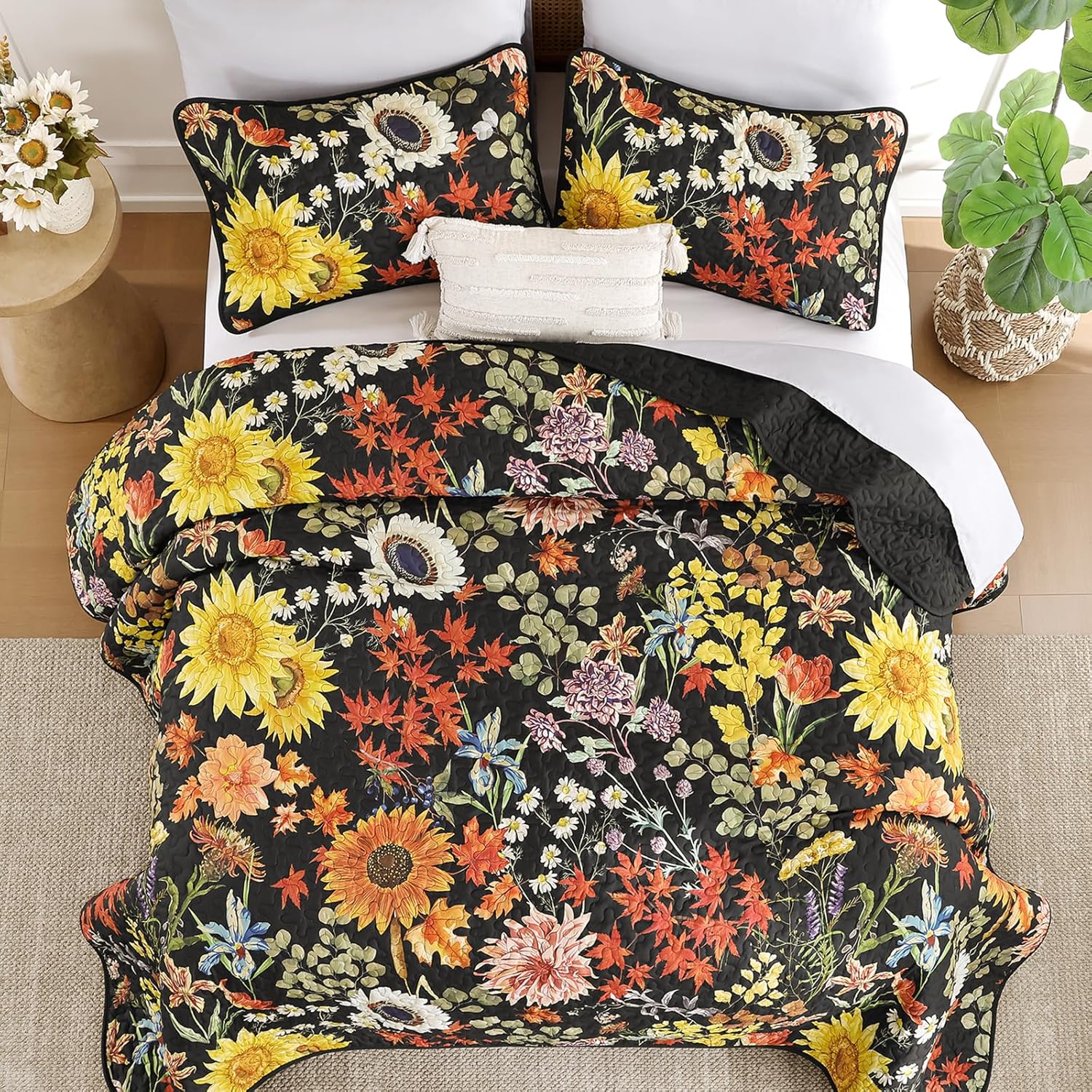 Yiran Floral Quilts Queen Size, Black Yellow Sunflower Botanical Fall Bedspread Bedding Set, 3 Pieces Colorful Soft Lightweight Microfiber Coverlet with 2 Pillow Shams for All Season 96x90 Inch - Image 3