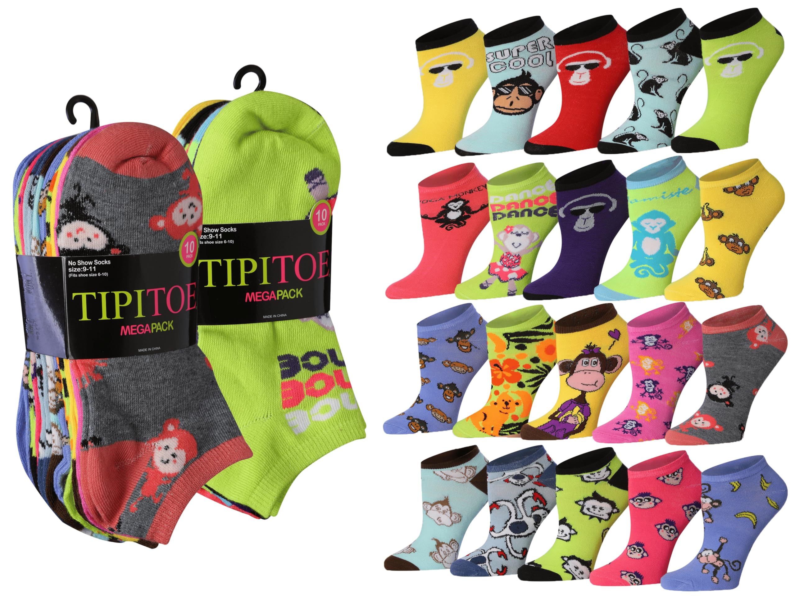 Tipi Toe Women’s 20 Pack Colorful Low Cut Socks – Lightweight, Breathable Design for All-Day Comfort Sizes 9-11/10-13