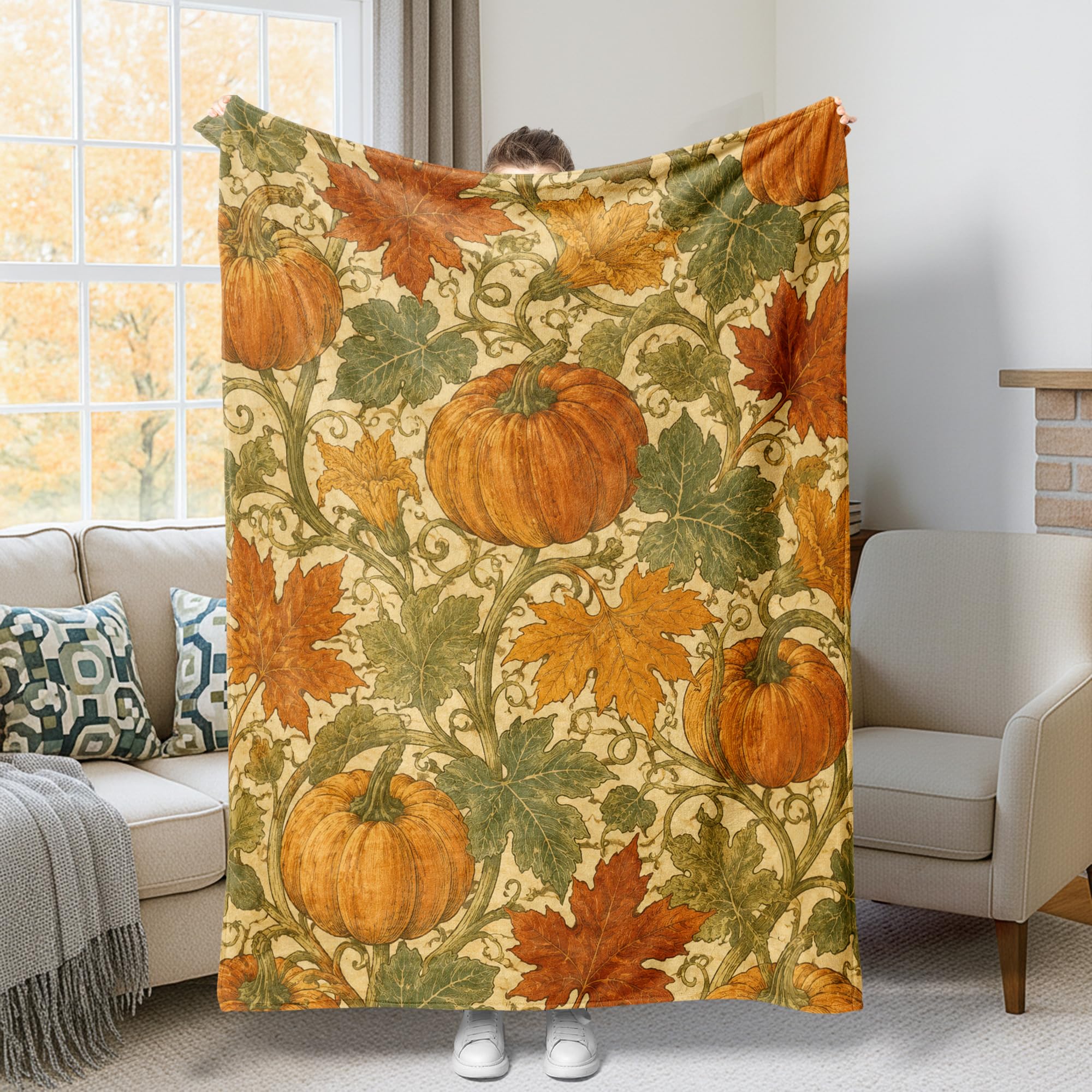Plaid automne en flanelle pour cocooning sur canapé et chaise de bureau design citrouille
