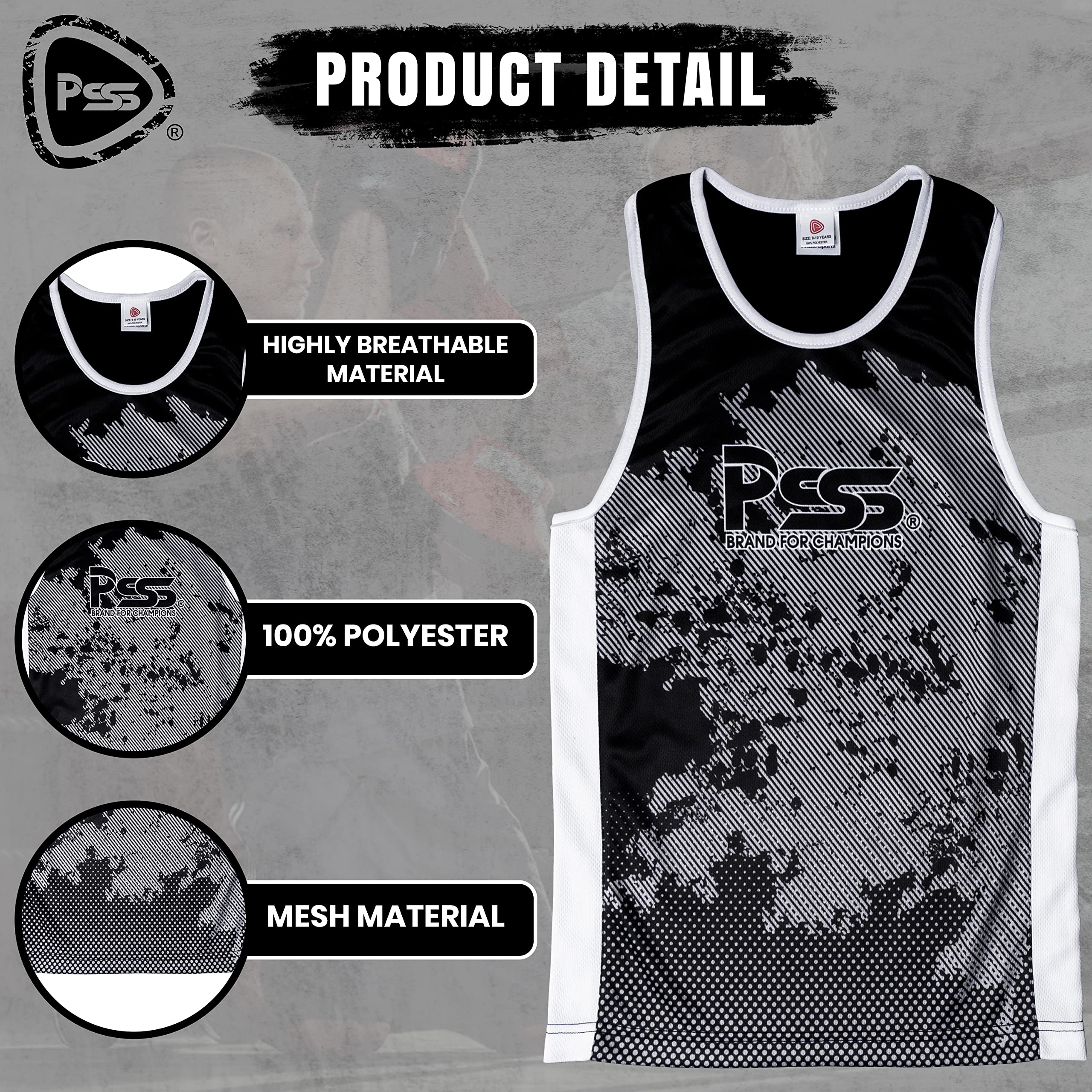 PSS Ensemble Boxe Enfants 3 à 14 Ans Short + Débardeur Tenue Boxe Kick Boxing Muay Thai Design Sublimation, Noir, Rouge & Bleu, Haut Short boxe enfant 3 4 5 6 7 8 9 10 11 12 13 14 ans