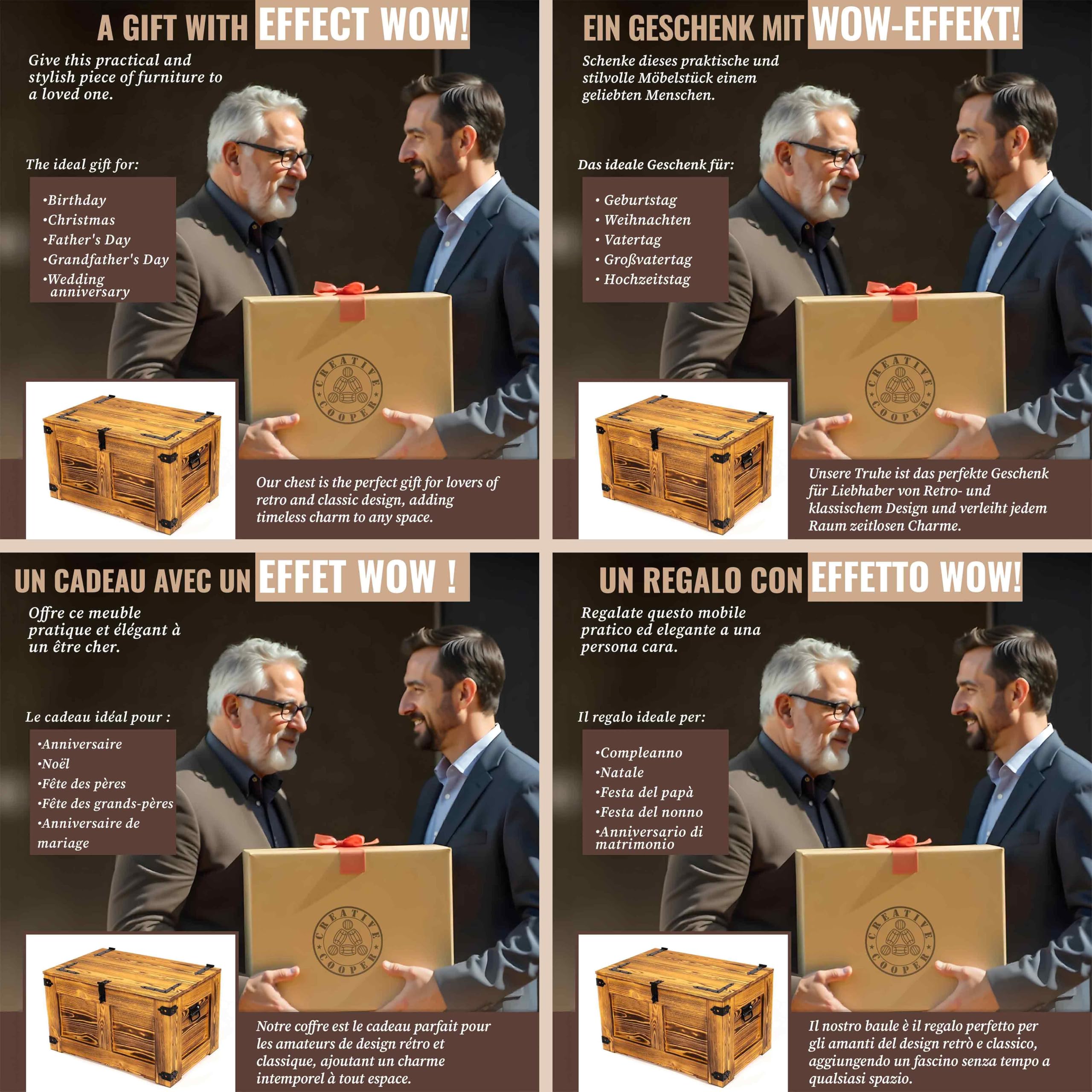 CREATIVE COOPER Caja de madera multifuncional con diseño de cofre del tesoro, caja de almacenamiento, mesa rústica, juguetes, 77 x 49 x 45 cm, hecha a mano de roble con aceite de madera ecológica