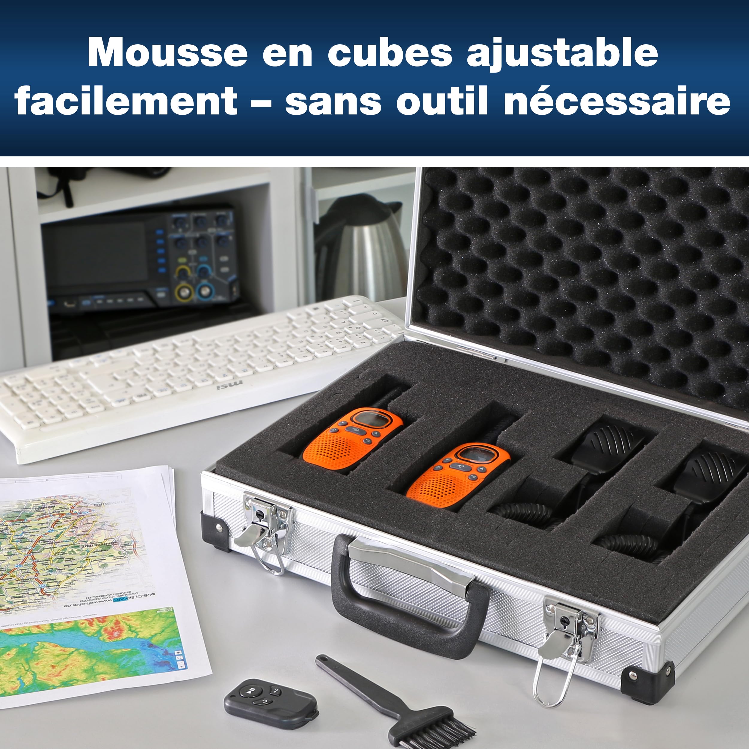 PeakTech 7265 – Mallette Universelle pour Instruments de Mesure, Mallette Robuste en Aluminium, Compartiment à Outils, Cube en Mousse, Rembourrage en Mousse, XL - 390 x 280 x 100 mm