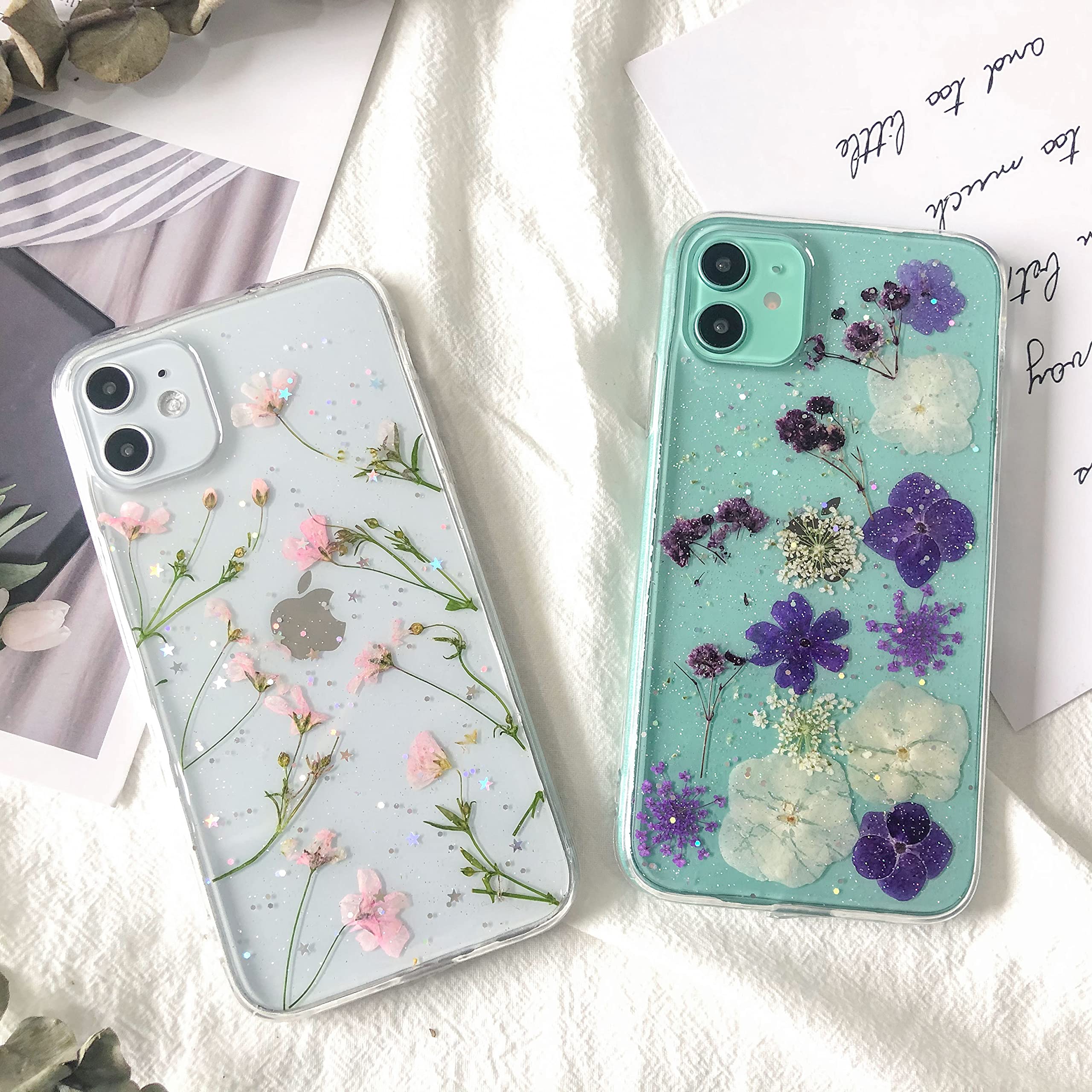 Custodia IPhone 12 Mini Con Fiori Secchi | Cover In Morbido Silicone Trasparente, Ecologica, Ultra Sottile, Ricarica Wireless, Quadrifoglio Viola