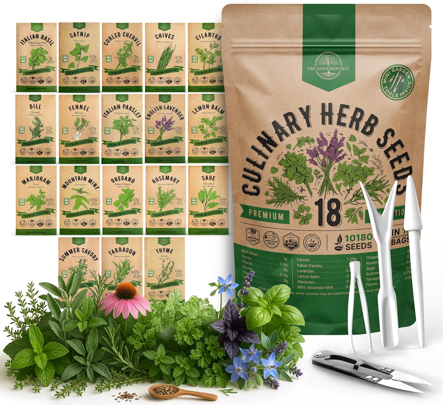 Organo Republic 18 Culinary Herbs Seeds Variety Pack - 10,180+ Heirloom, Non-GMO, Herbs Seeds for Outdoor and Indoor Home Gardening, Including Rosemary, Thyme, Oregano, Mint, Basil, Parsley Herb Seeds 18 Herb Seeds