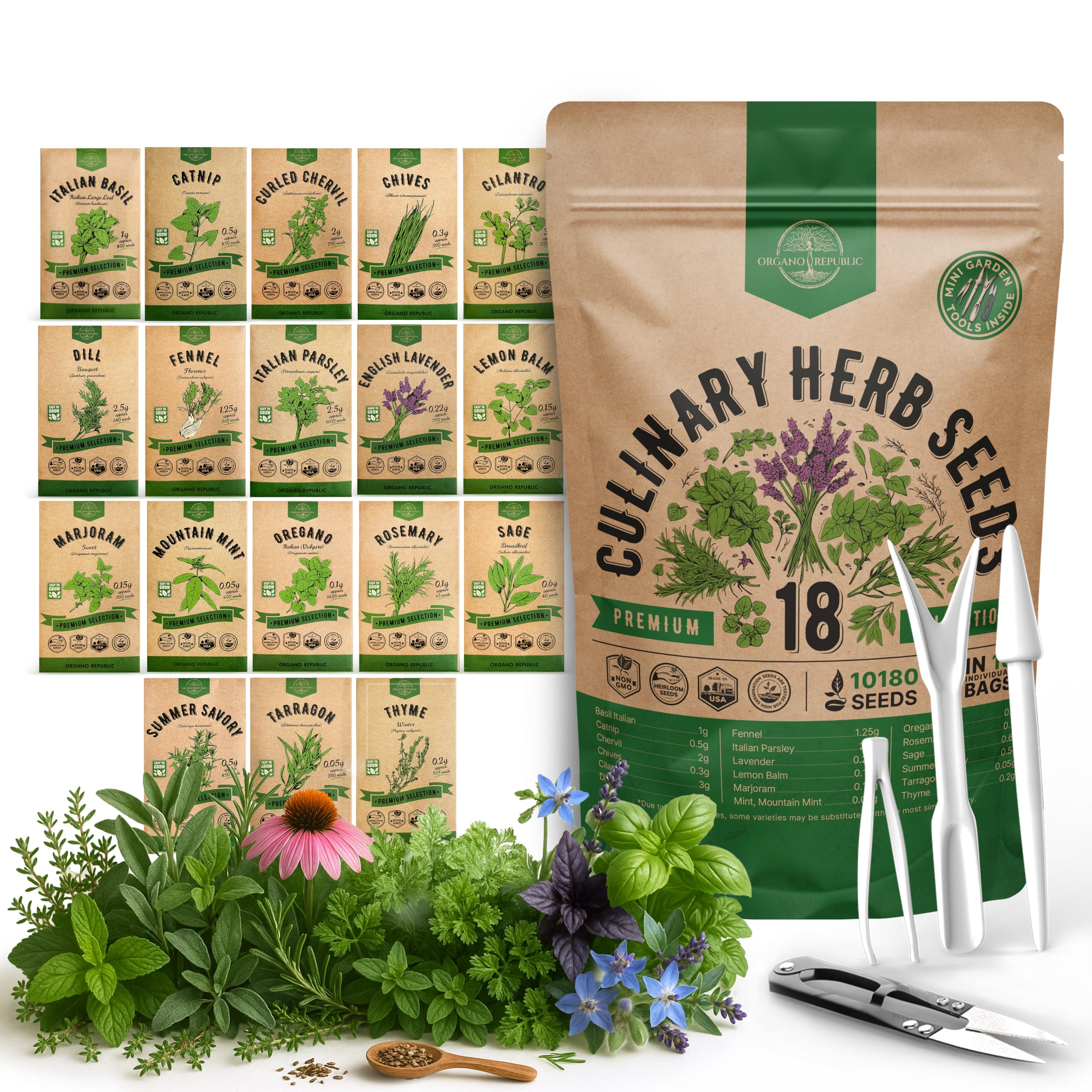Organo Republic 18 Culinary Herbs Seeds Variety Pack - 10,180+ Heirloom, Non-GMO, Herbs Seeds for Outdoor and Indoor Home Gardening, Including Rosemary, Thyme, Oregano, Mint, Basil, Parsley
