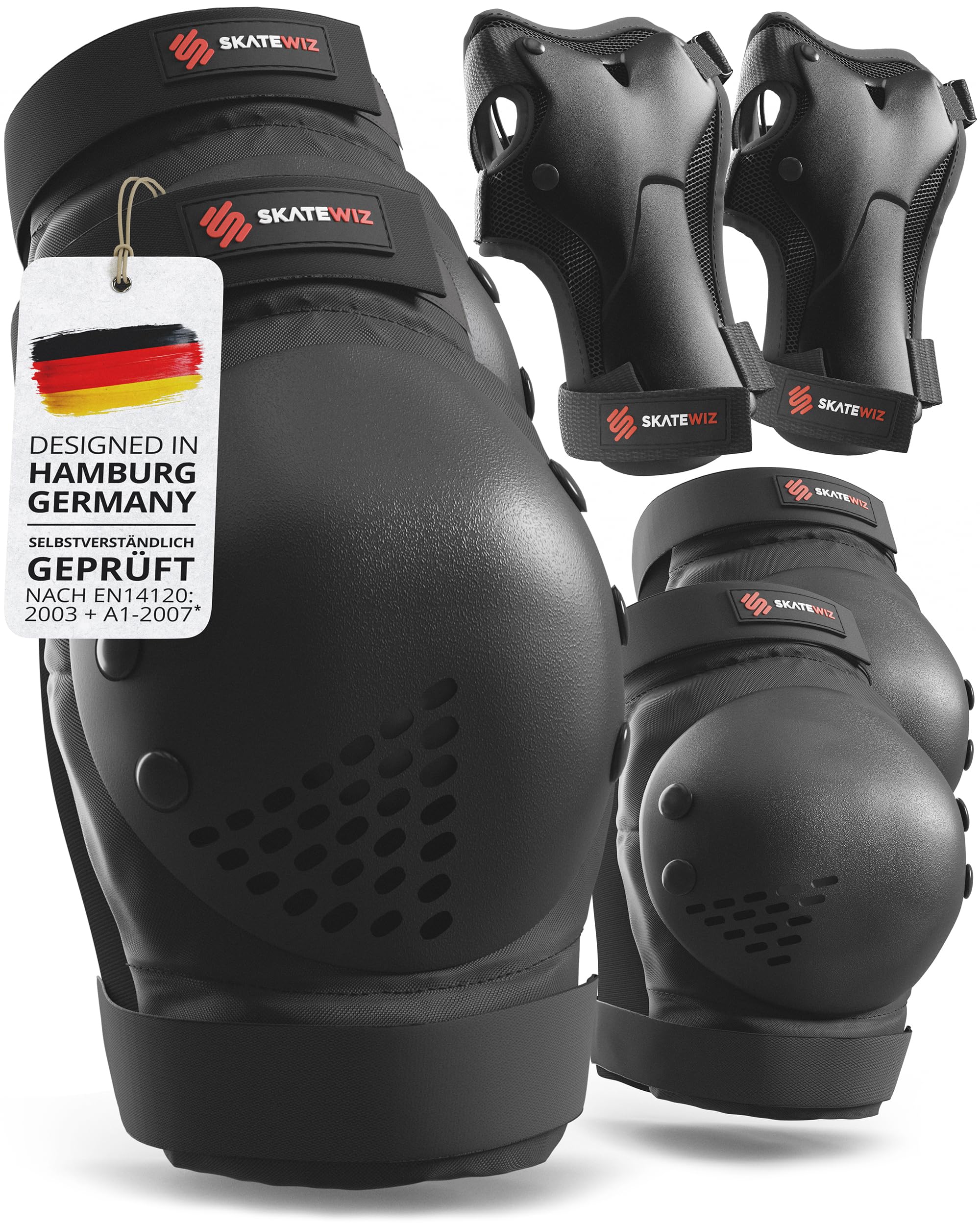 SKATEWIZ Knieschoner Kinder Schoner Inliner Kinder - Inliner Schoner Knieschützer - Protektoren - Knie und Ellenbogenschützer - Smash Größe M/L Schwarz