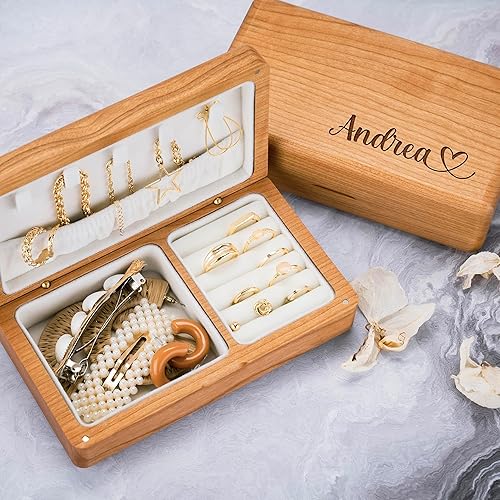Miniatura 5 de Joyero personalizado con nombre 10 diseños, cereza Caja organizadora de joyas de madera personalizada, estuche de viaje de joyería personalizado,