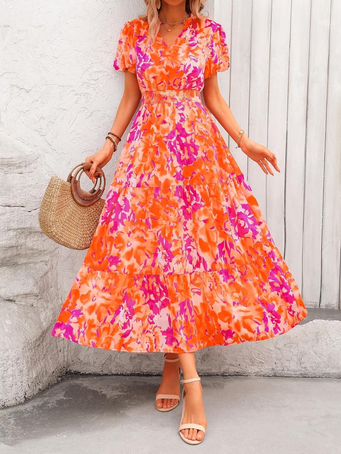 MASCOMODA Summer Maxi Dresses for Women 2026 Casual V Neck Puff Short Sleeve Smocked Flowy Beach Boho Long Floral Dress - Image 5