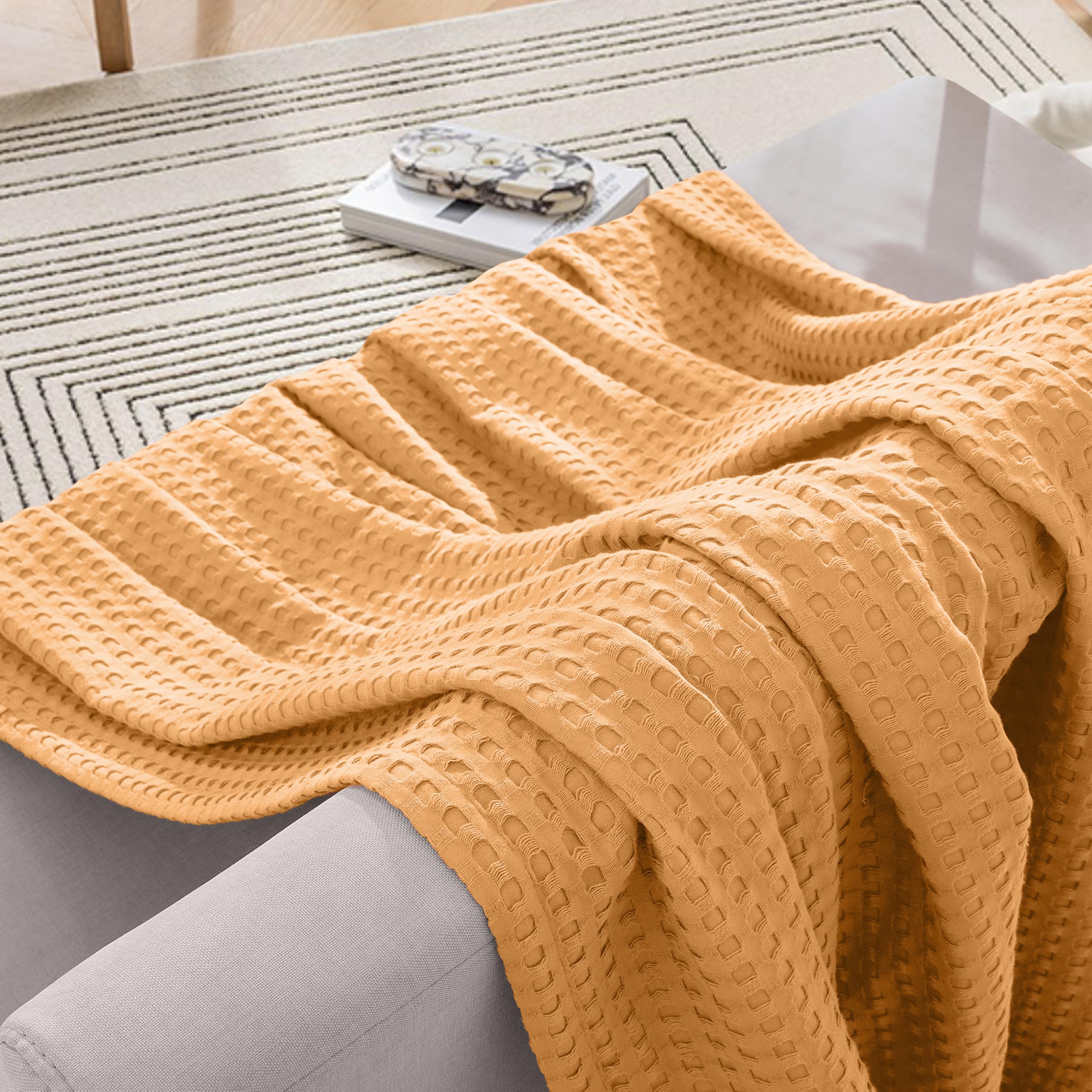 Elegant Comfort Manta de Punto gofre 100% algodón, Ligera, Transpirable, Suave y cálida para Todas Las Estaciones, para sofá, Cama y sofá, tamaño matrimonial de 88 x 88 Pulgadas