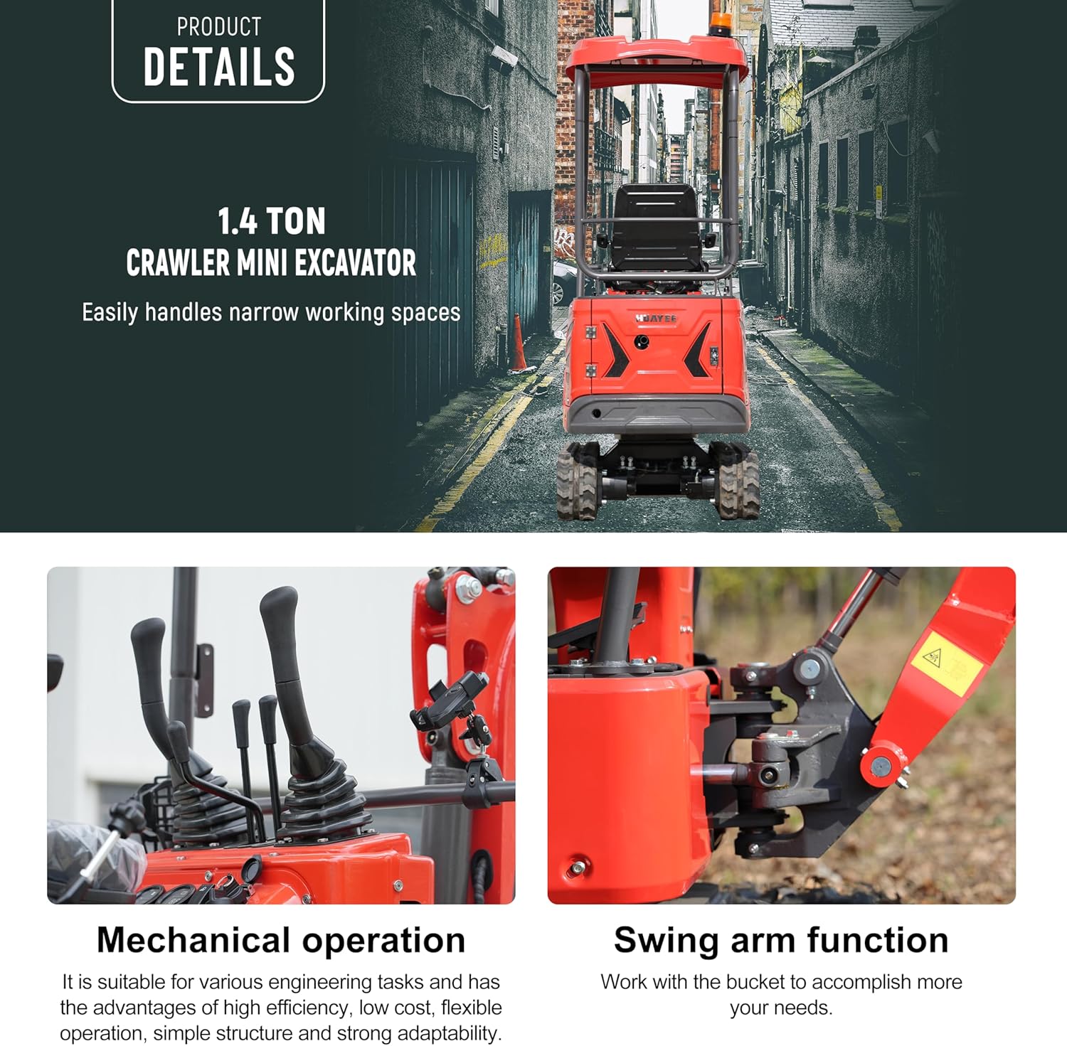 HY14C 1.4T Mini Excavator – 13.5HP B&S Gas Engine, Side Swing, Hydraulic Thumb, Quick Coupler – Inc. 6 Attachments: 200mm Bucket, Ripper, Rake, 800mm Bucket, Auger, Cover – Delivery Included