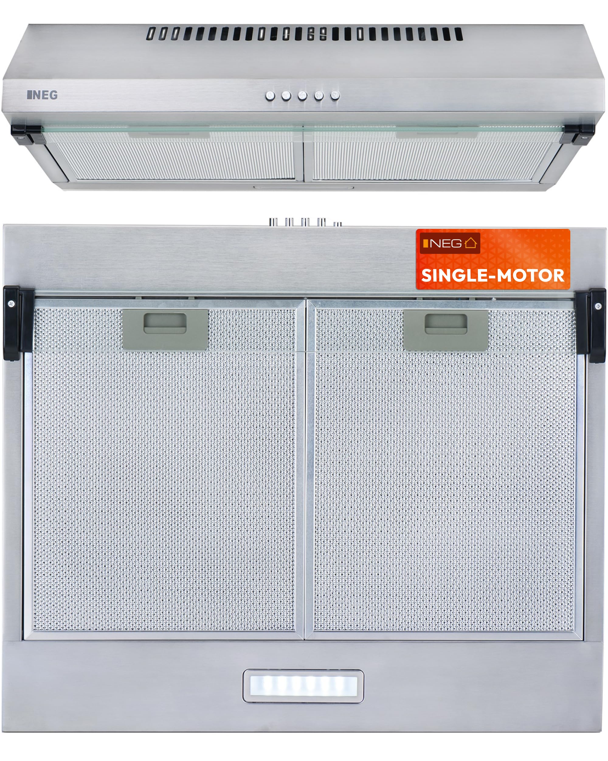 NEG NEG15-AT Unterbau Dunstabzugshaube Edelstahl 200 m³/h Abluft Umluft LED-Beleuchtung 60x50x15 cm