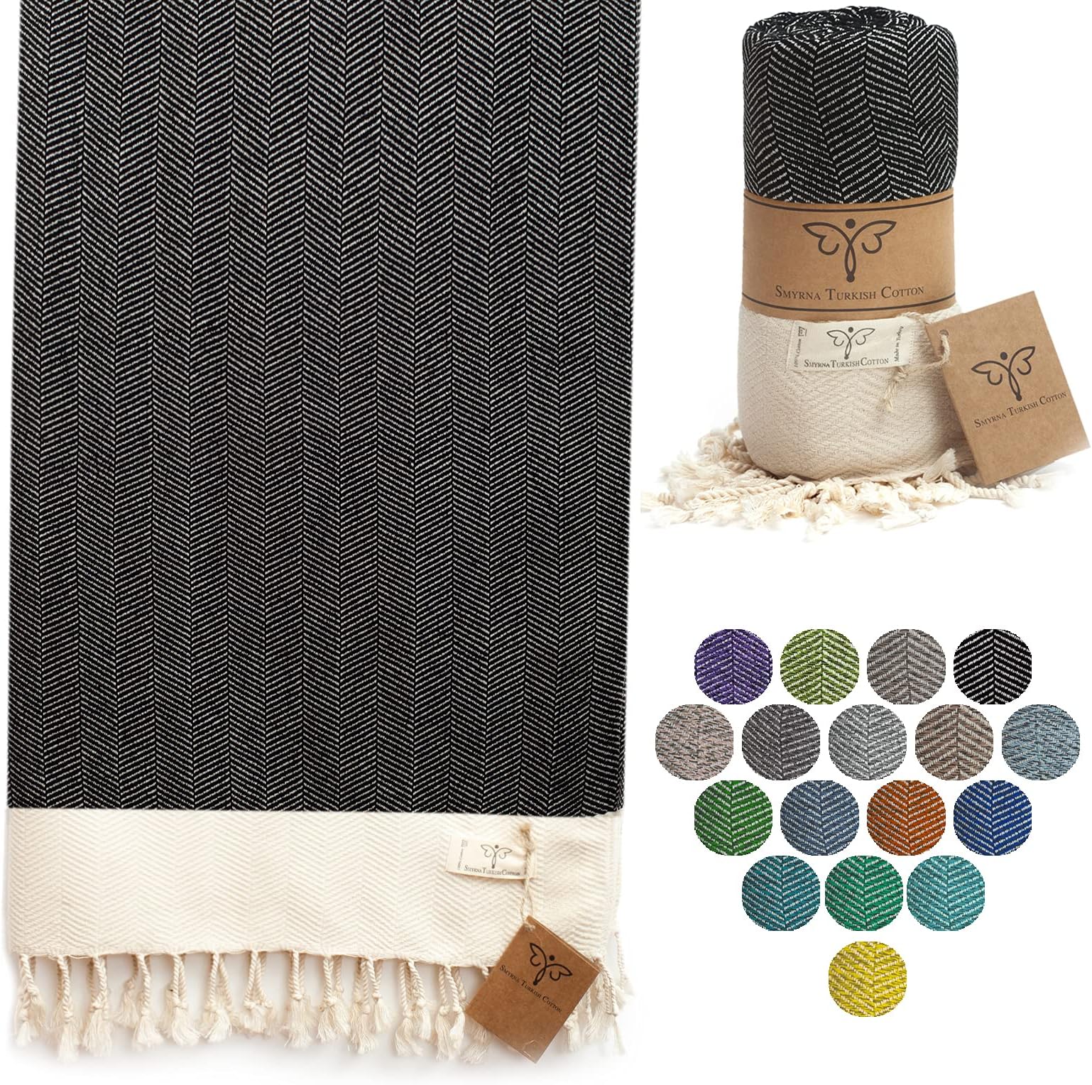 SMYRNA TURKISH COTTONHerringbone Series Beach Towel|180 x 90cm 100% Cotton|Extra Large Wearable Turkish Beach Towel|Made in Turkey|No Shrink|Premium Luxury Striped Linen - Black