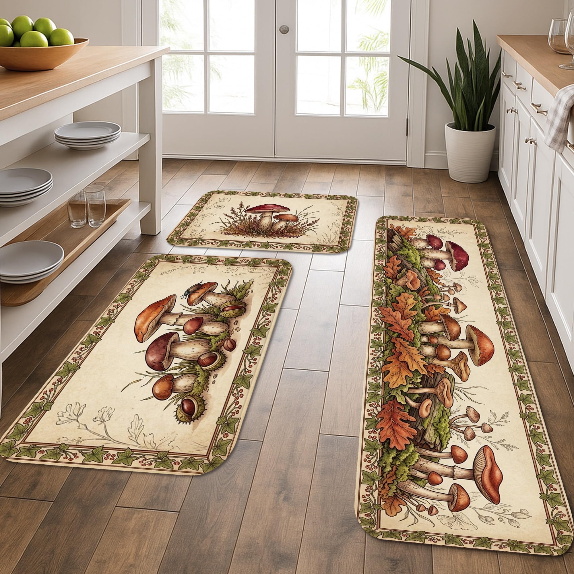 Lot de 3 tapis de cuisine nature motif champignons et glands d'automne lavables