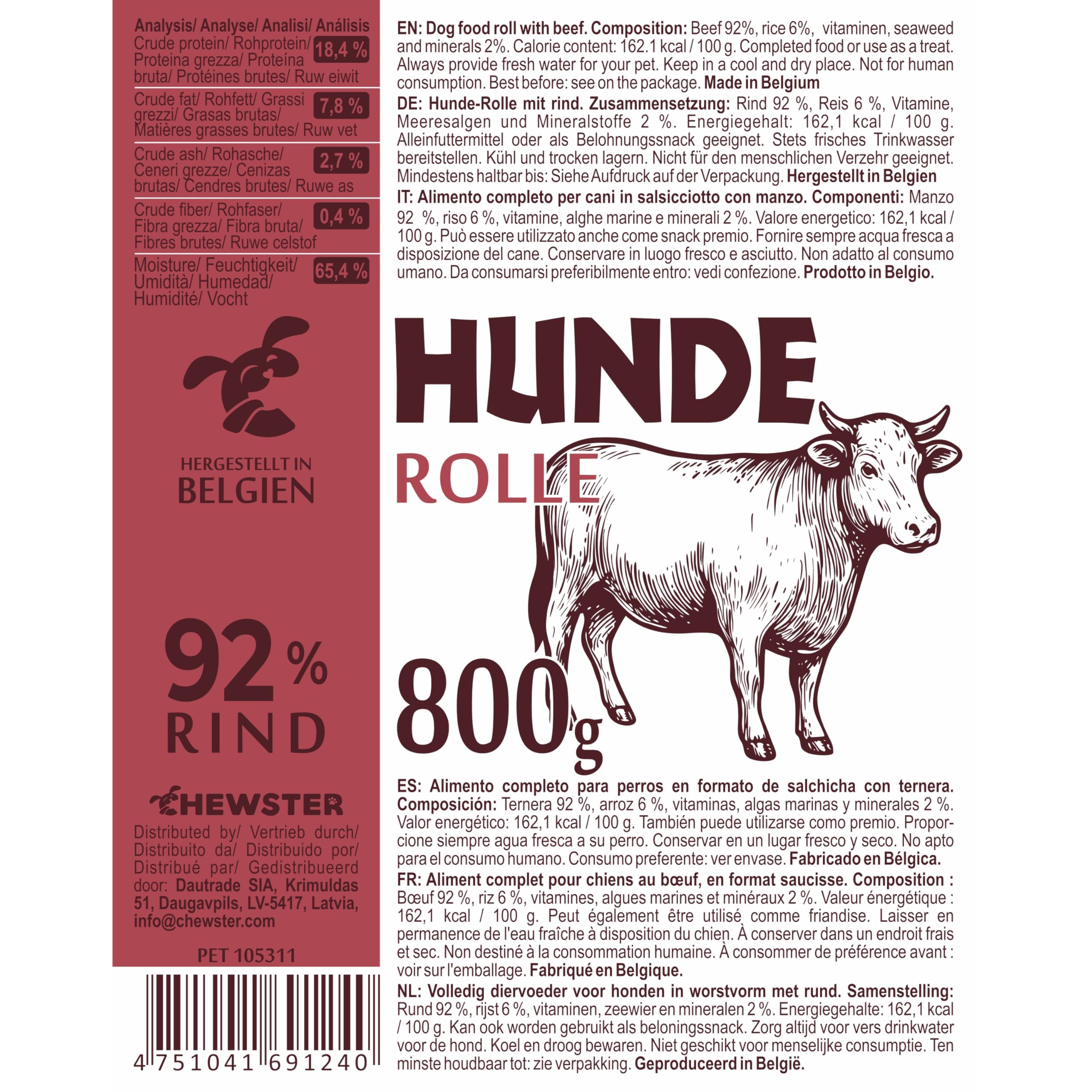 Mix Hundewurst schnittfest – 1 x Huhn, 1 x Ente, 1 x Lamm, 1 x Rind – Hunde-Rolle 4 x 800g (3,2kg) – getreidefreies Hundefutter mit hohem Fleischanteil – Nassfutter