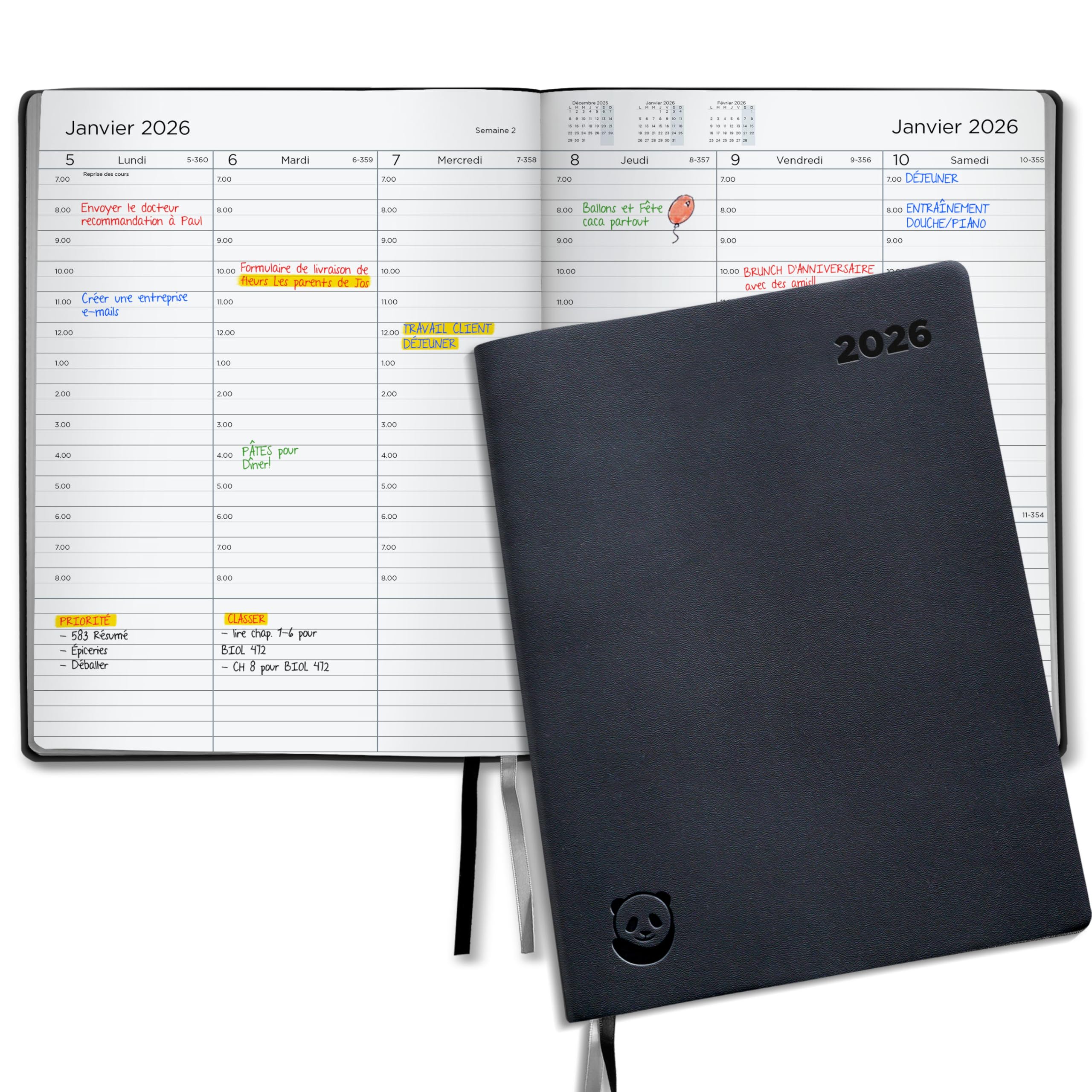 Agenda Semainier Premium 2026 par Smart Panda – A4, Couverture Souple, Argent – Intervalles de 30 minutes avec Boîte Cadeau – Calendrier Annuel, Novembre 2025 - Décembre 2026 – en Français