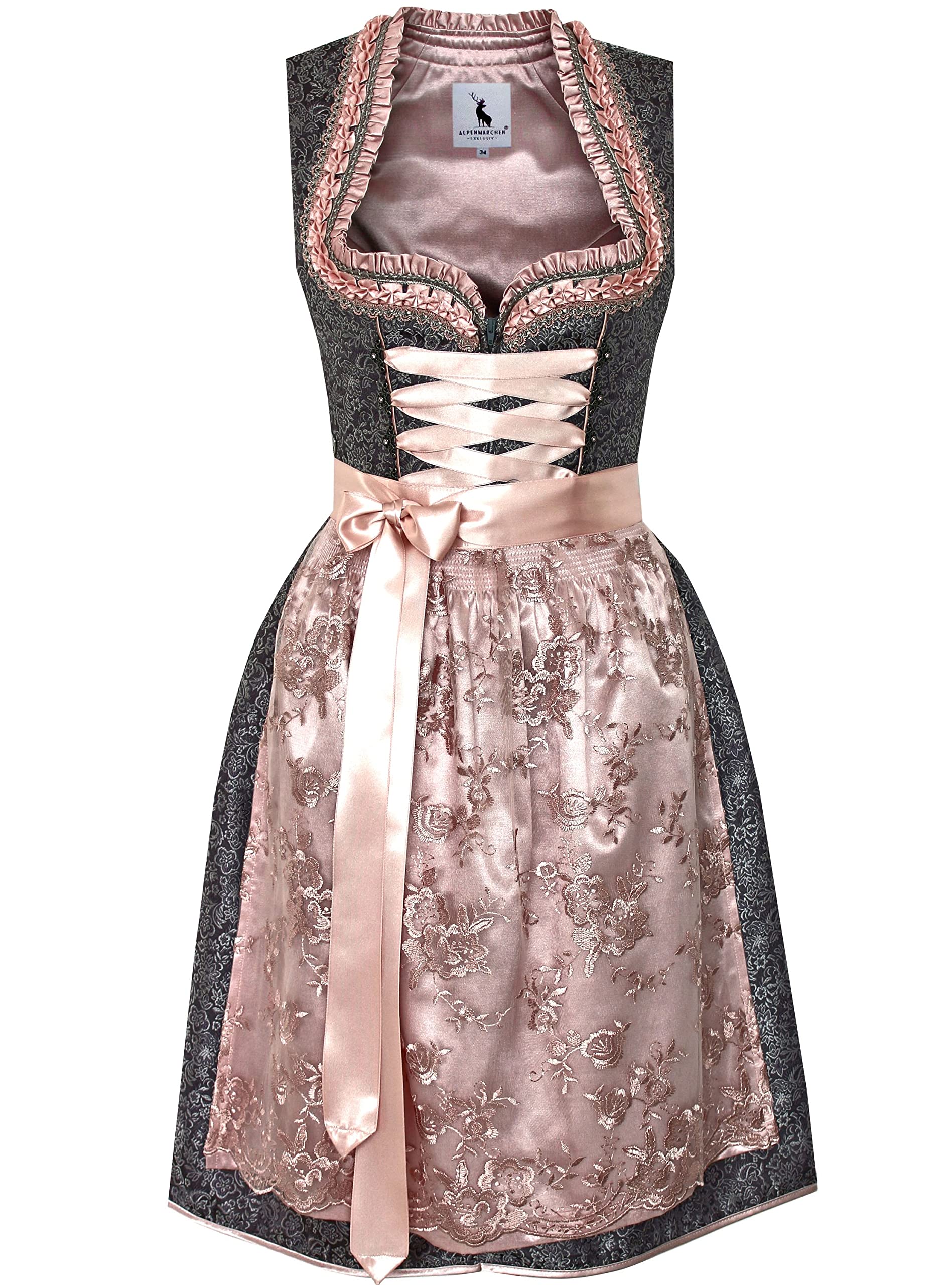 Alpenmärchen Midi-dirndl uit exclusieve collectie incl. kanten schort, maat 32-54 - ALM938, Lichteierschaal-oudroze, 40