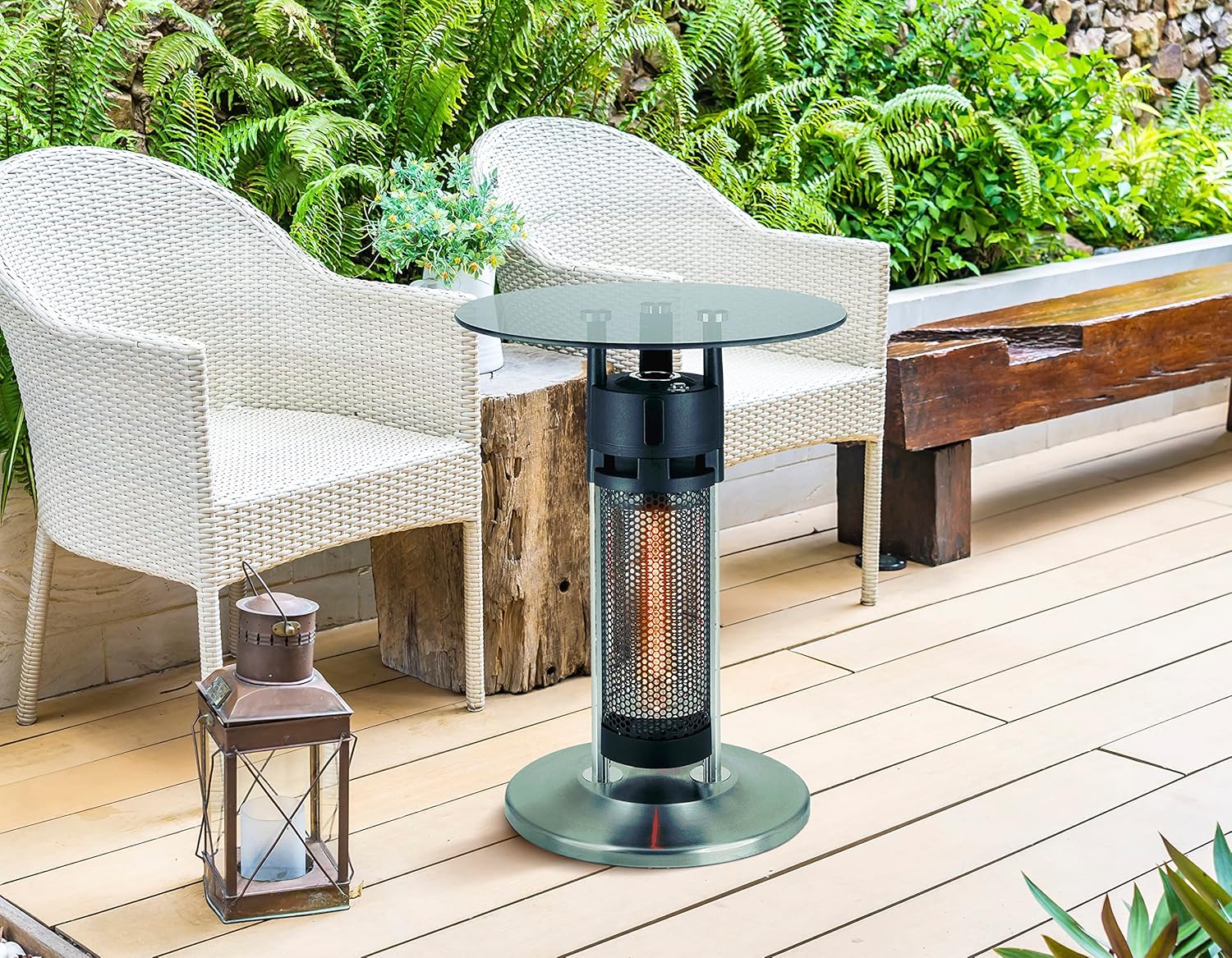 Tepro 1200W Outdoor Heating Radiator placed on a patio next to outdoor chairs